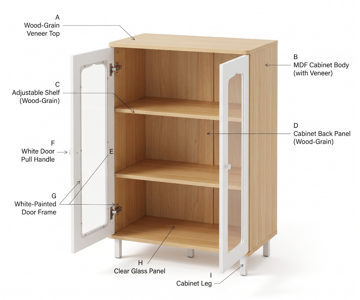 A modern two-door cabinet with a light oak wood grain finish and white doors featuring glass panels, shown on a clean white background.