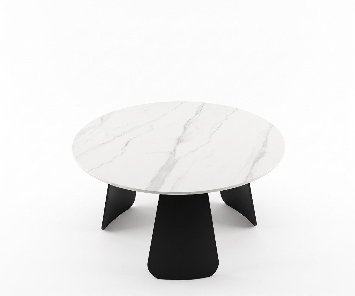White marble look round tea table with soft grey veining