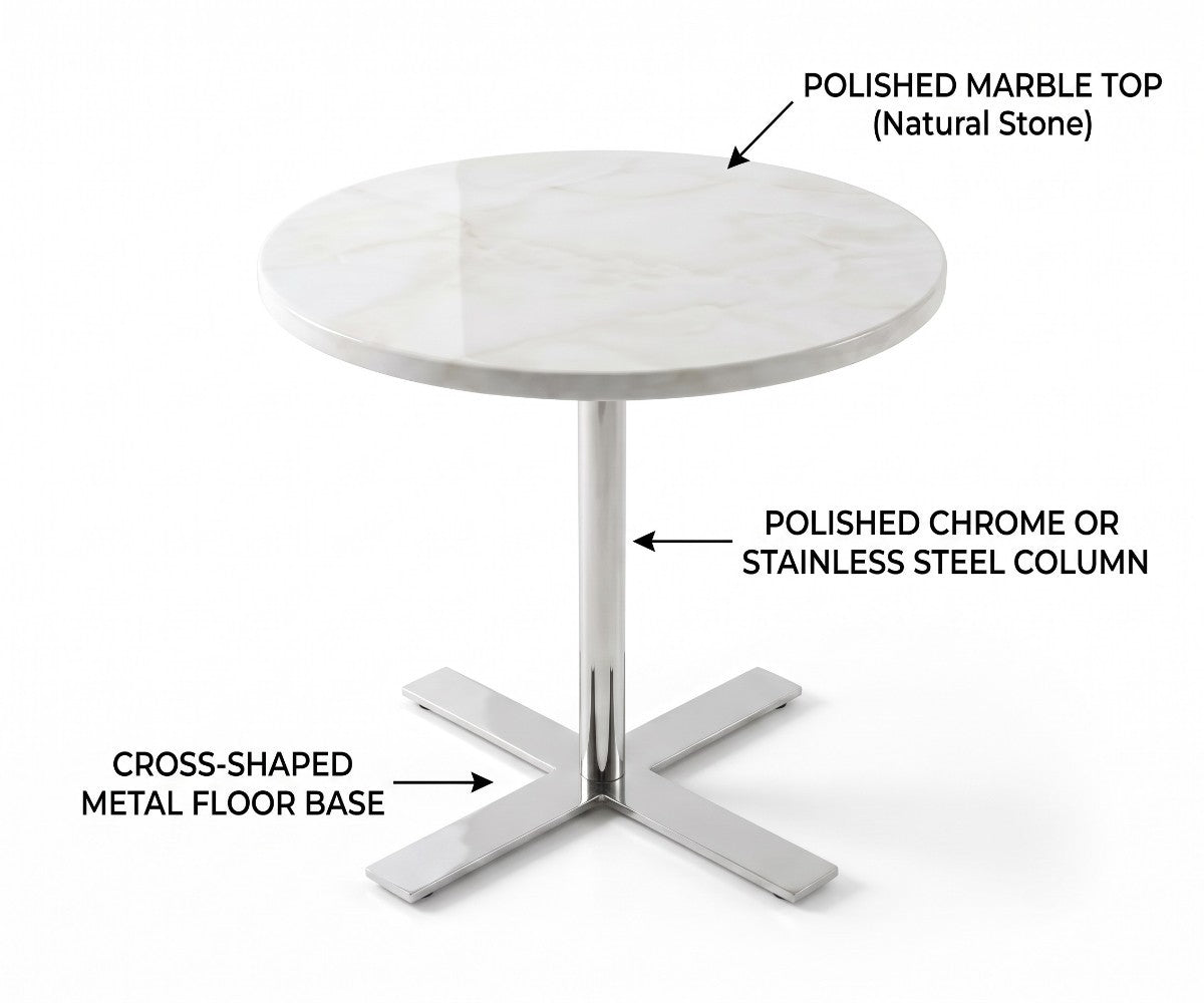 Round marble side table with polished chrome column and cross-shaped base