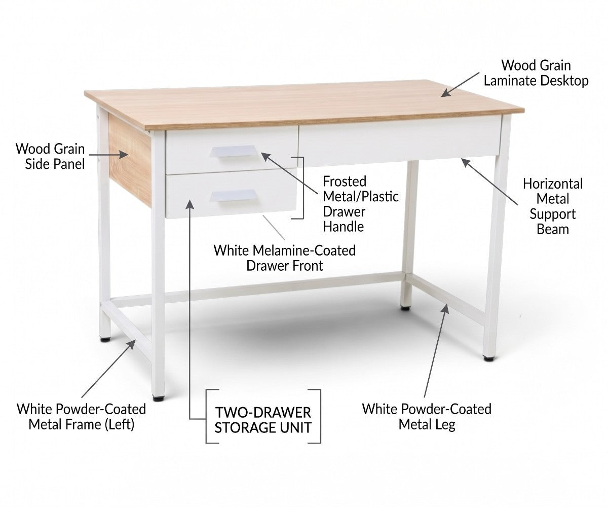 Study desk with wood-grain top, white steel frame and two storage drawers