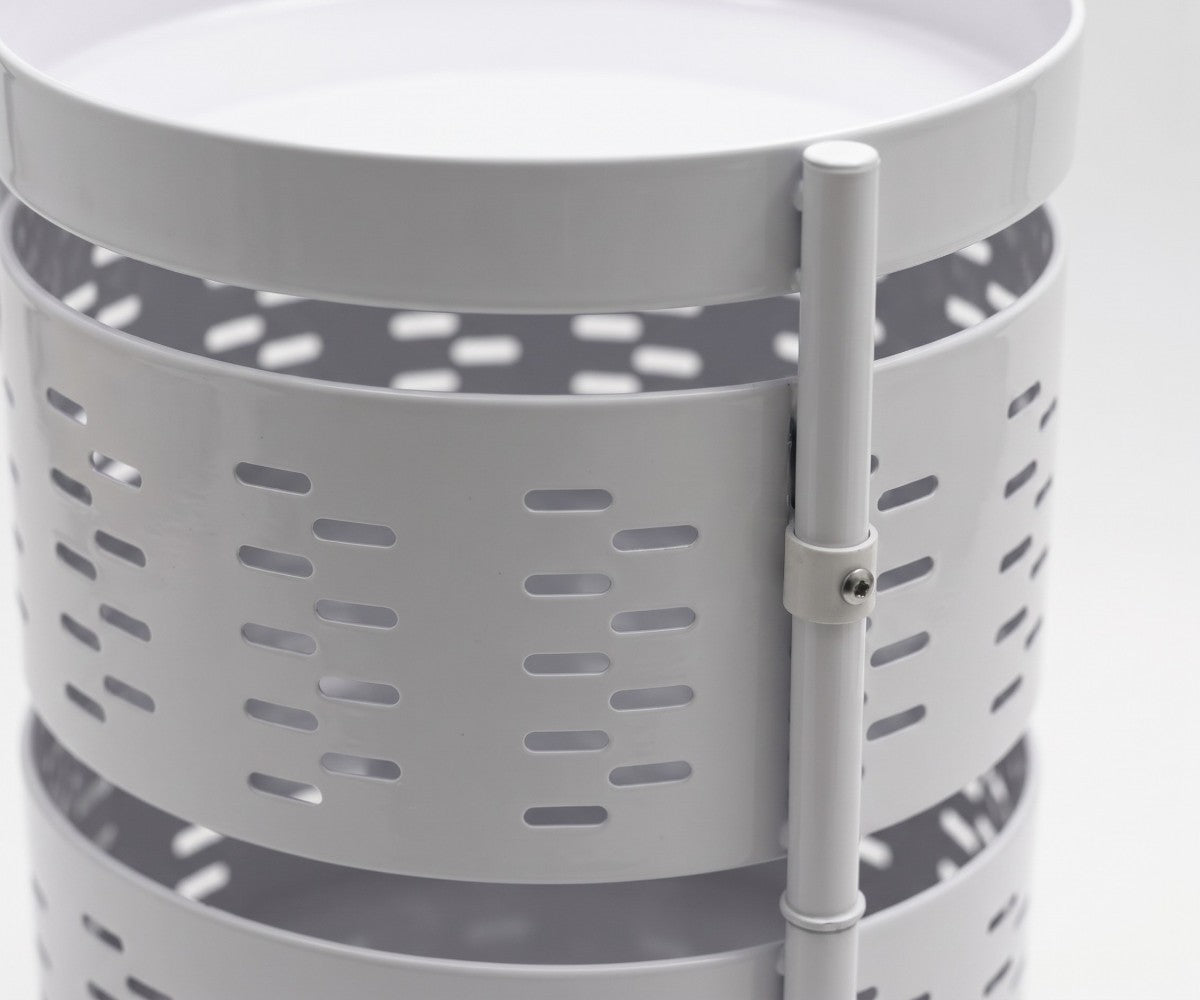 Three-tier white metal rotating trolley with slotted baskets and wheels for kitchen and bathroom storage