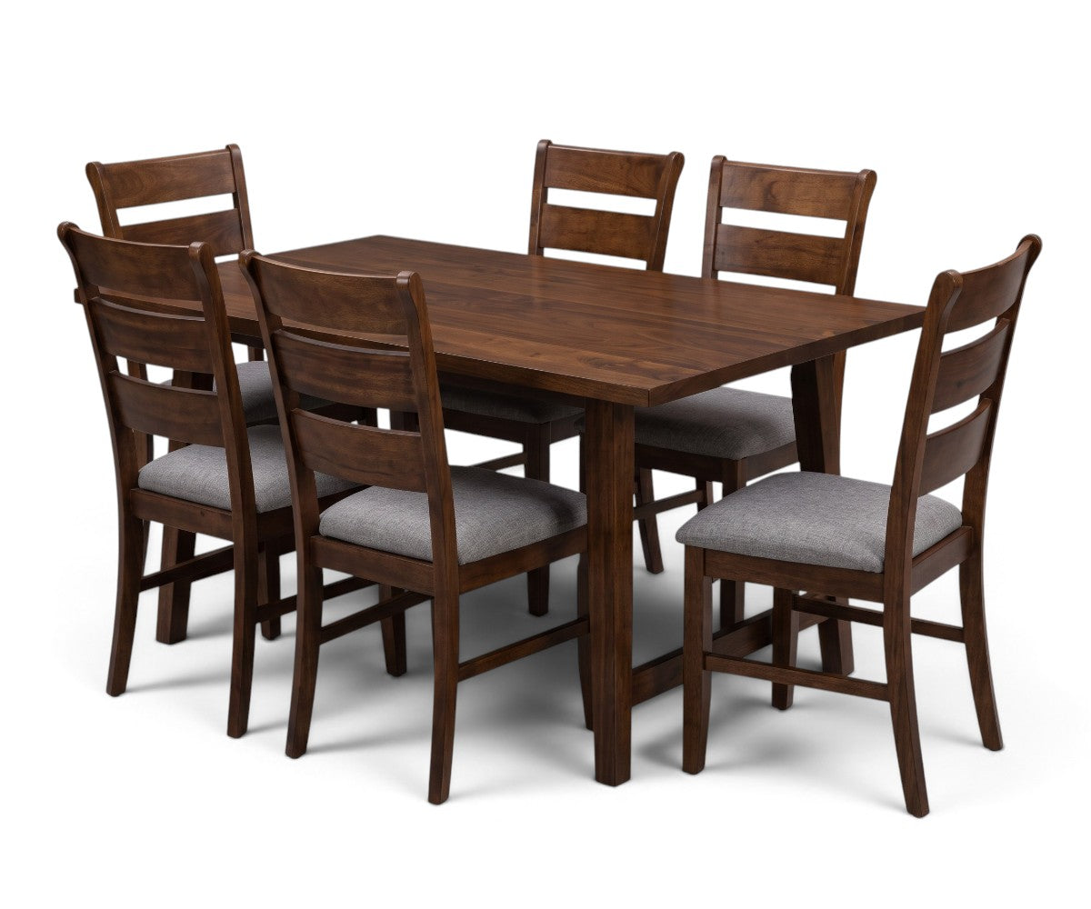 Brown wood-grain rectangular dining table with six grey upholstered chairs on a white background.