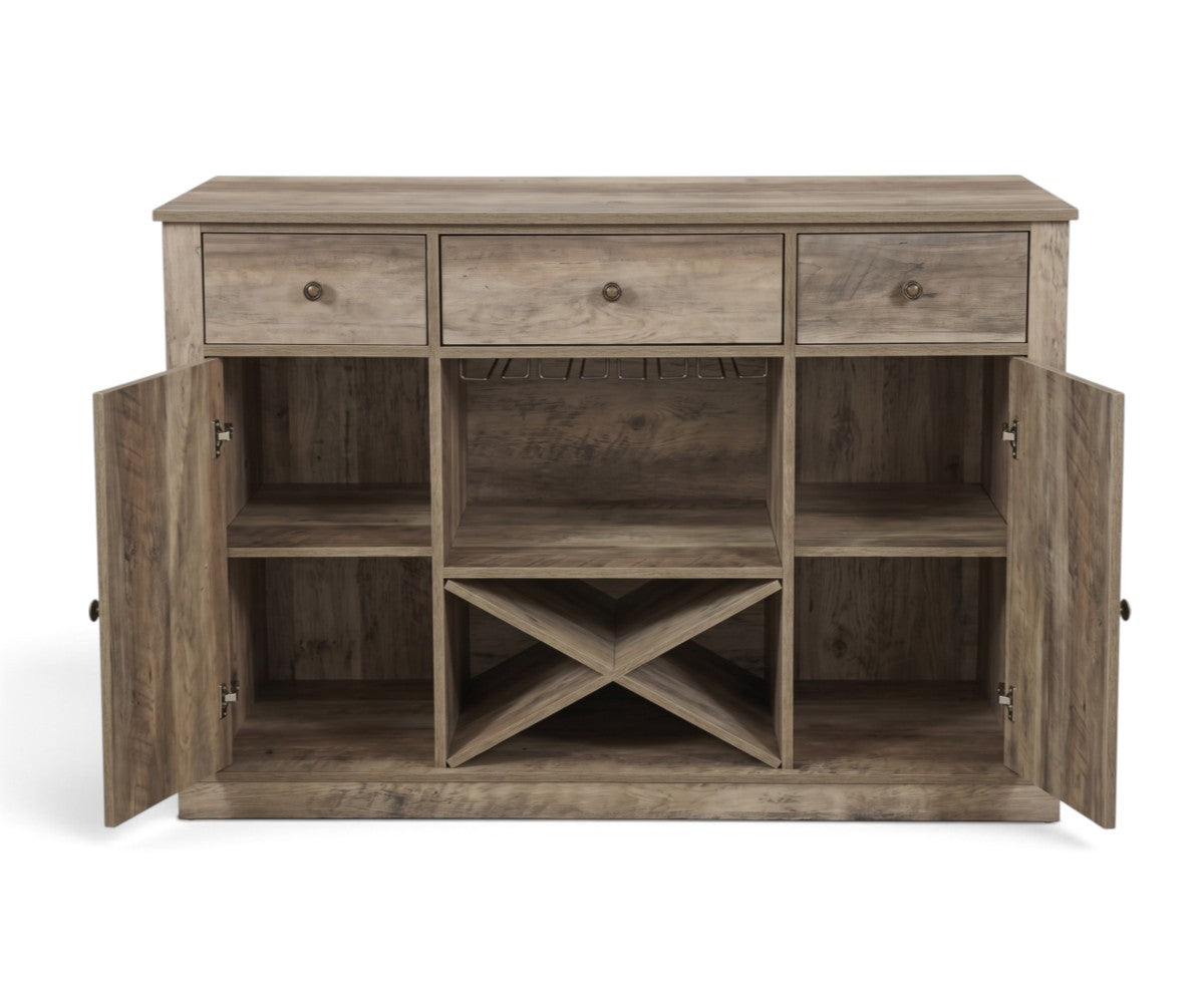 Wood buffet cabinet with X-shaped bottle rack and metal stemware rail