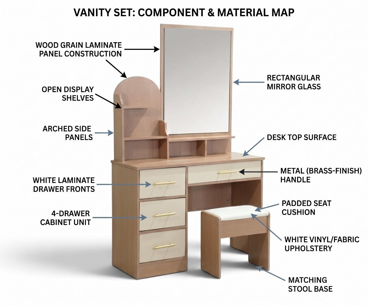 Wooden vanity set with rectangular mirror, four white drawers and matching stool