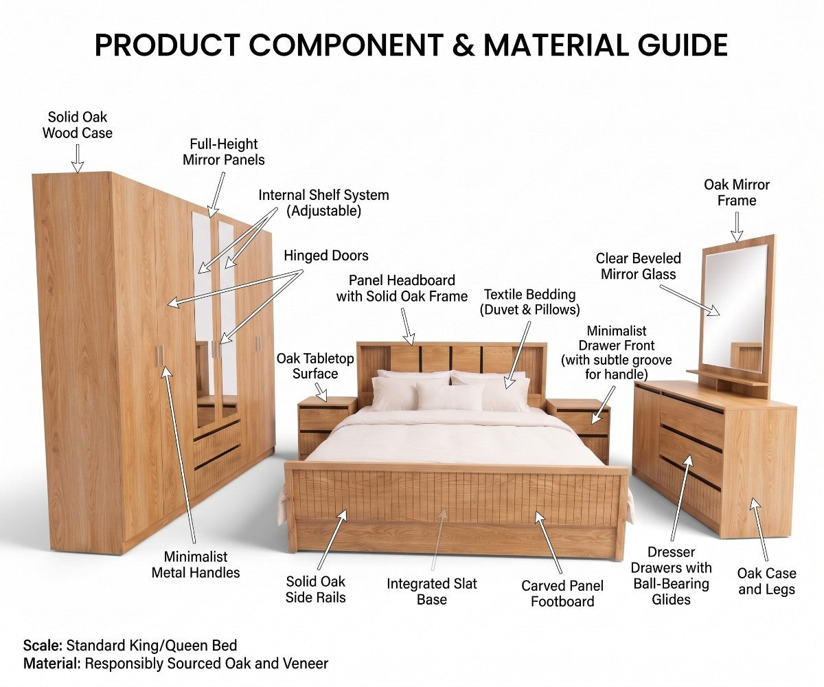 Wooden bedroom furniture set in natural oak with bed, wardrobe, dresser and two nightstands