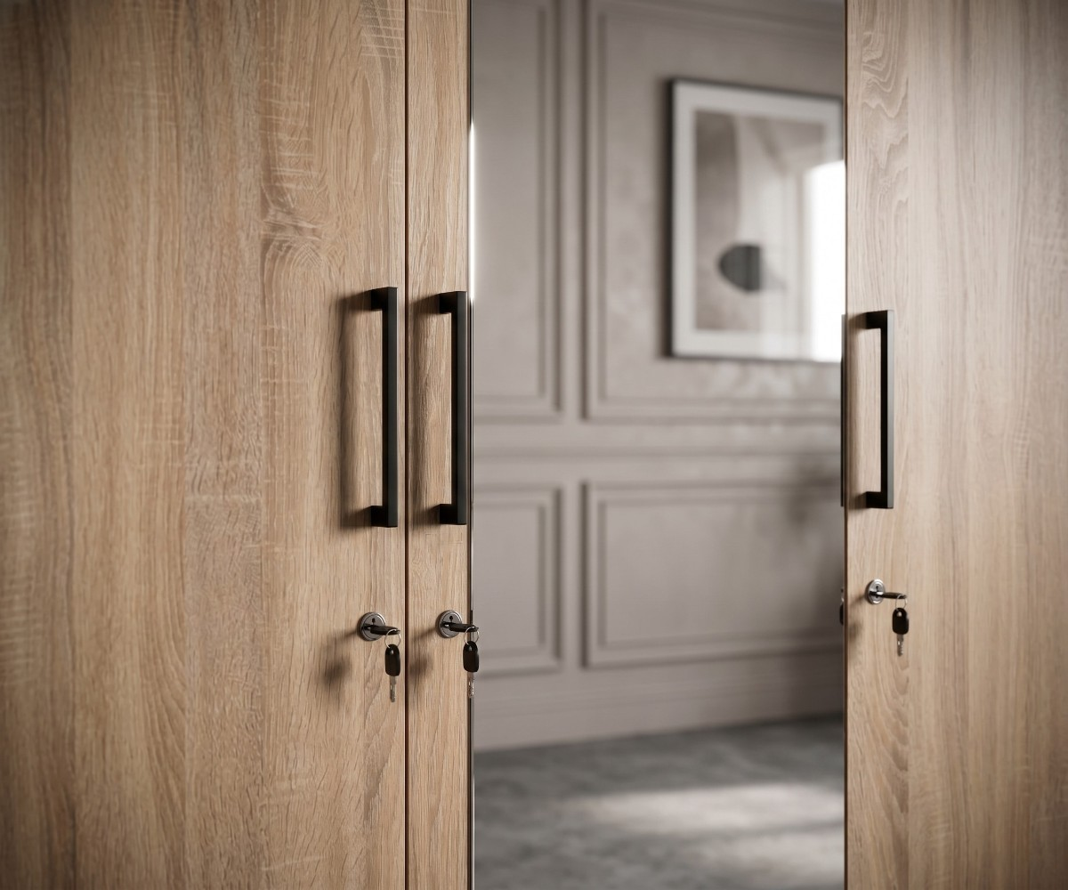 Light wood 3-door wardrobe with full-length center mirror and black handles