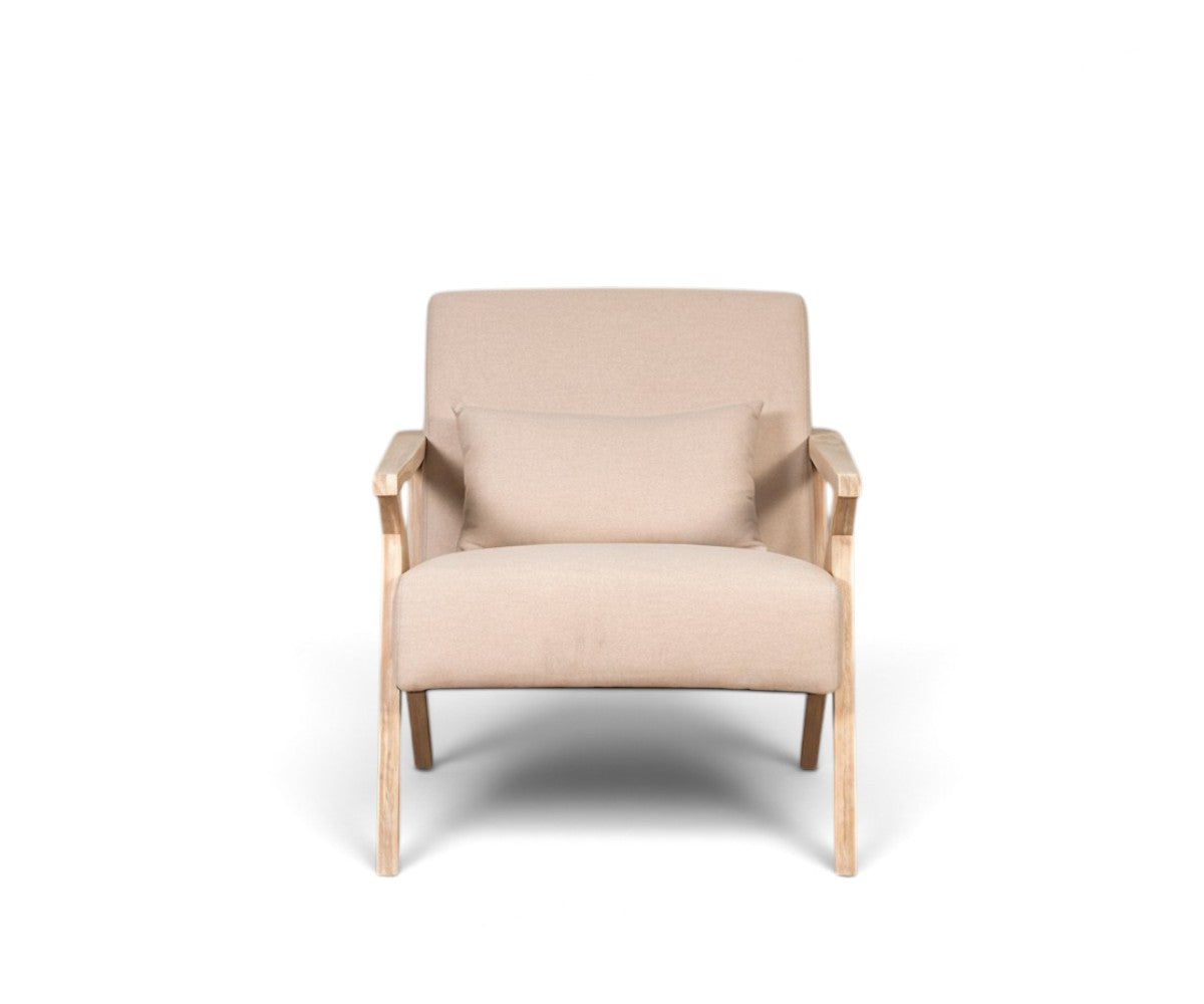 Wooden frame accent chair with splayed legs viewed at an angle