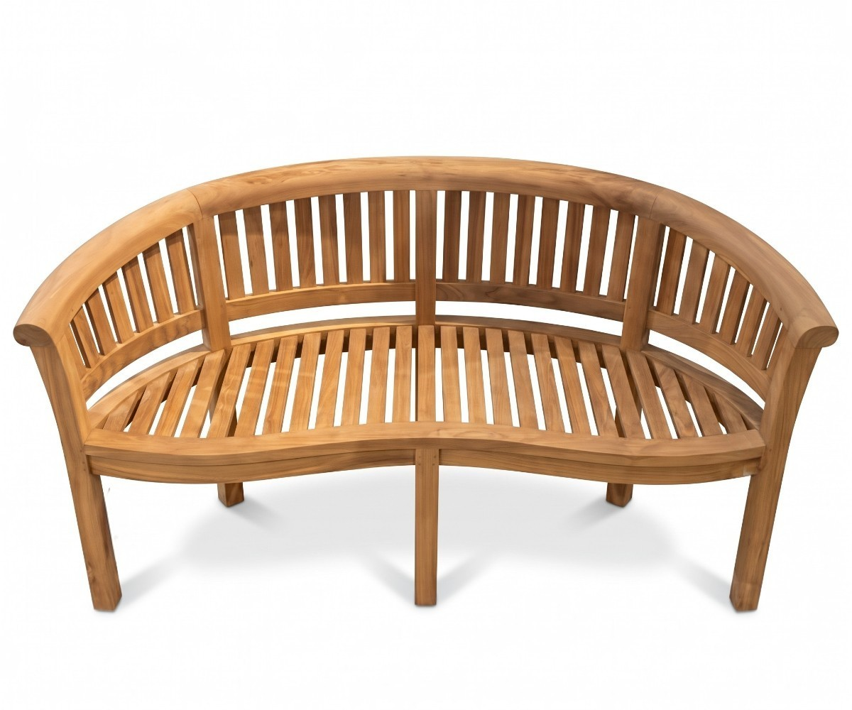 Curved wooden outdoor bench with slatted seat and backrest