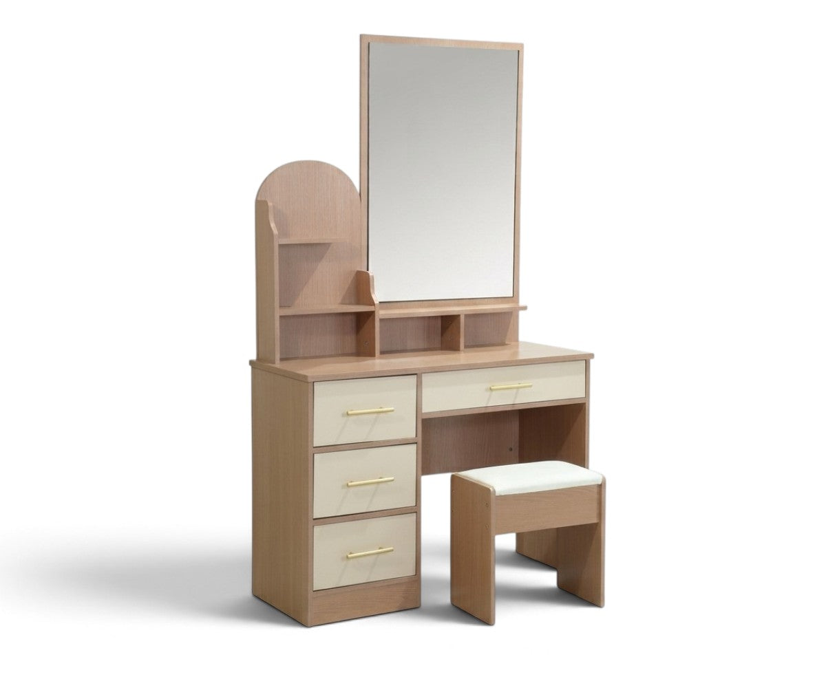Wooden vanity set with rectangular mirror, four white drawers and matching stool