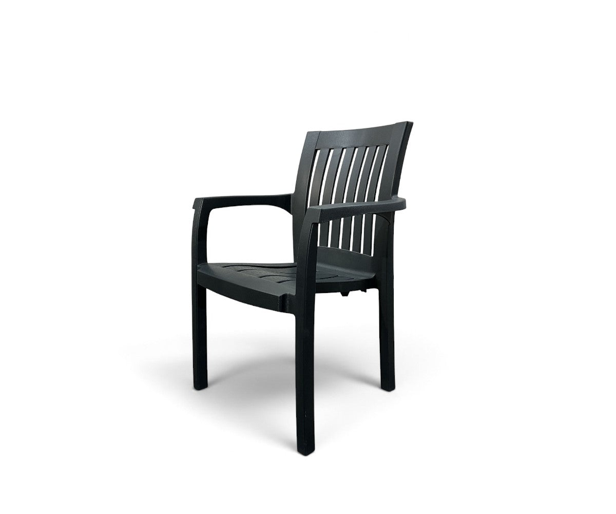 Woven rattan garden table with reinforced legs and all-weather resin armchair