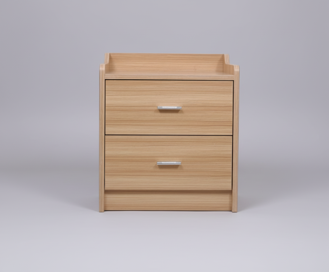 A001 oak drawer nightstand, front view of two drawers with a raised back lip