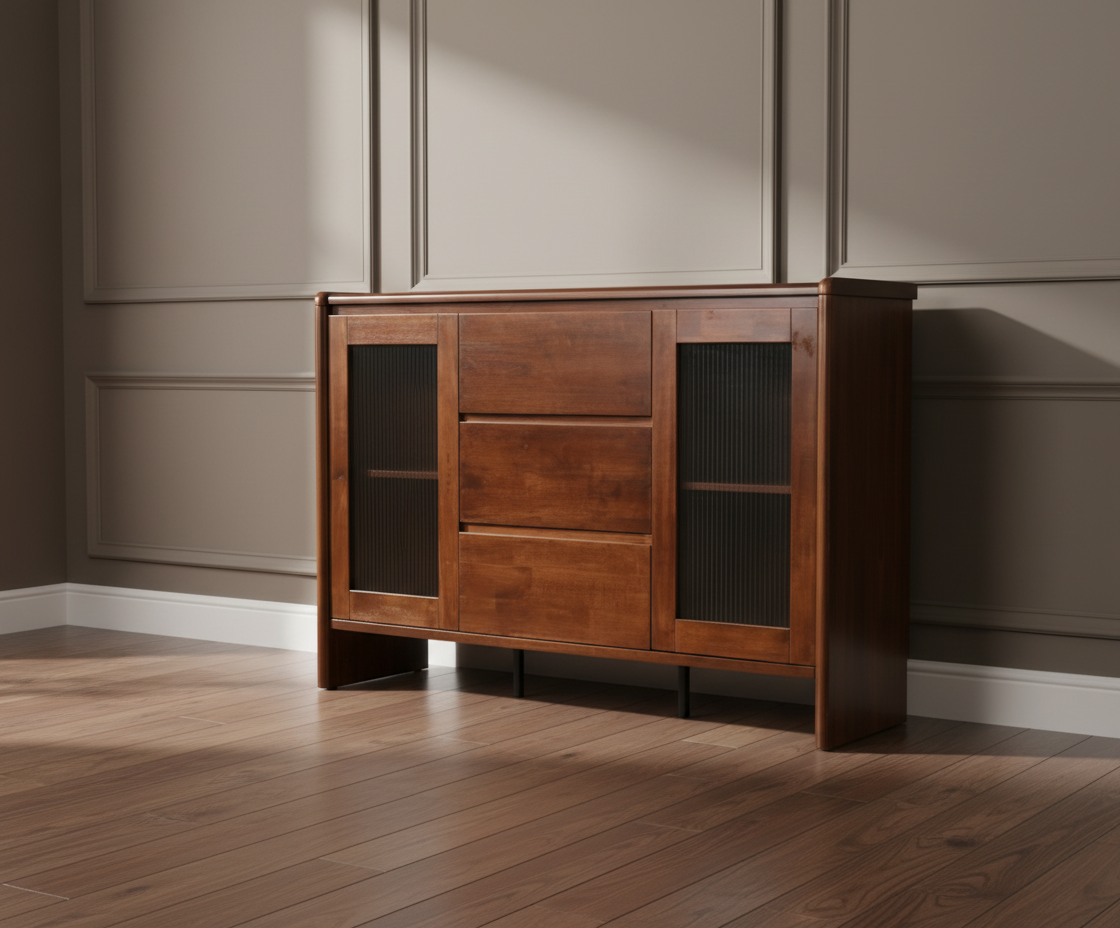 A270 walnut storage cabinet, angled view with reeded glass doors