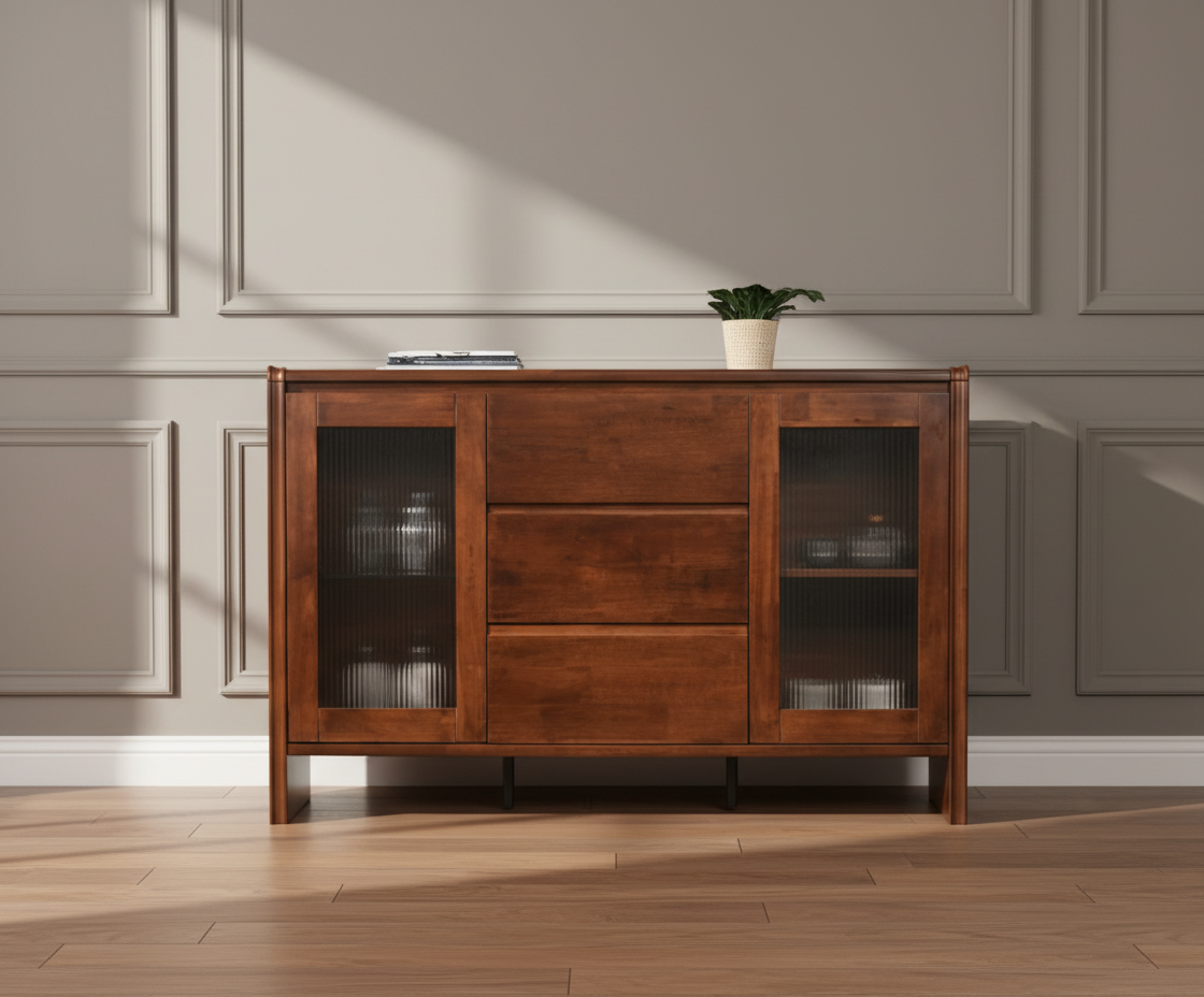 A270 walnut storage cabinet, angled view with reeded glass doors