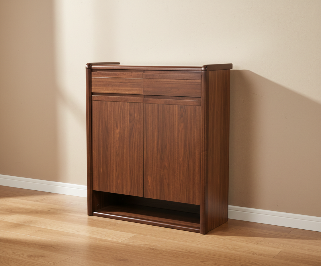 A271 brown storage cabinet, angled view with a drawer and open plinth