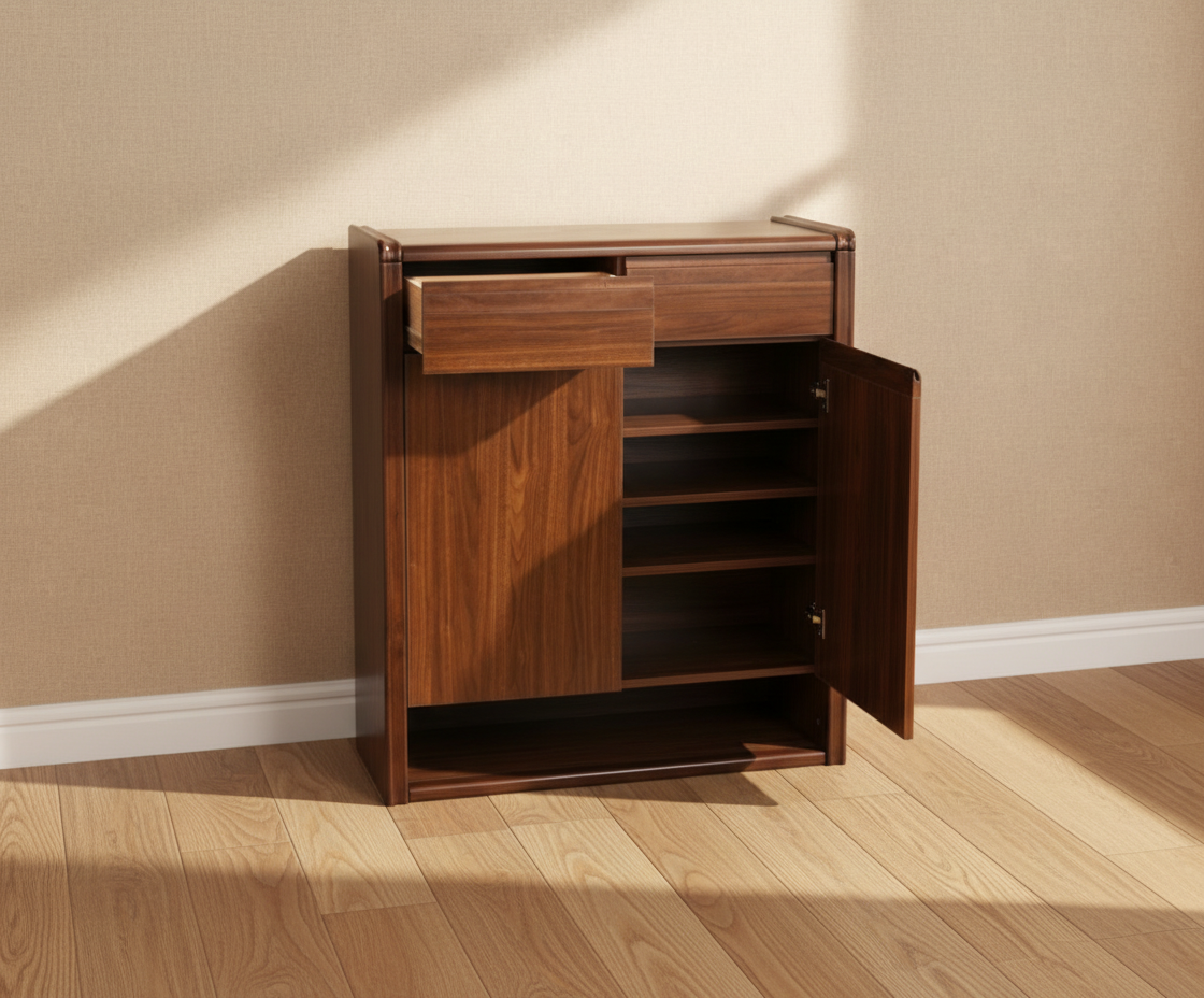 A271 brown storage cabinet, angled view with a drawer and open plinth