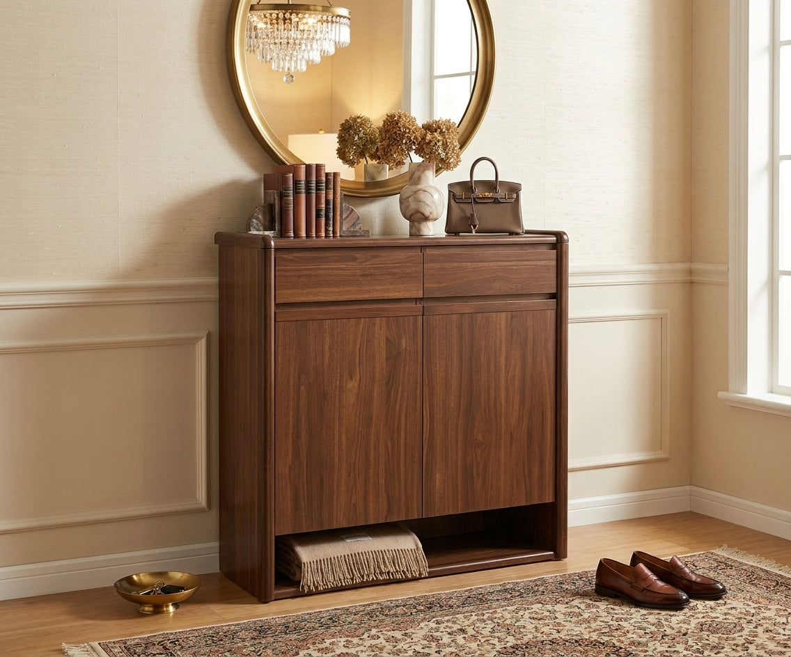 A271 brown wooden cabinet in a panelled hallway with a gold mirror