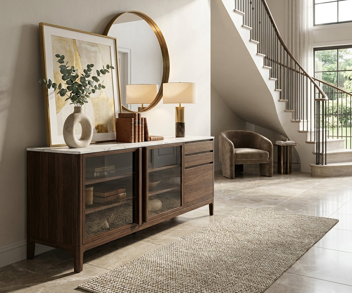 A299 dark wood cabinet beneath a round mirror in a bright hallway