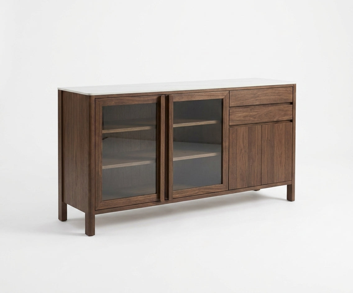 A299 dark wood cabinet beneath a round mirror in a bright hallway