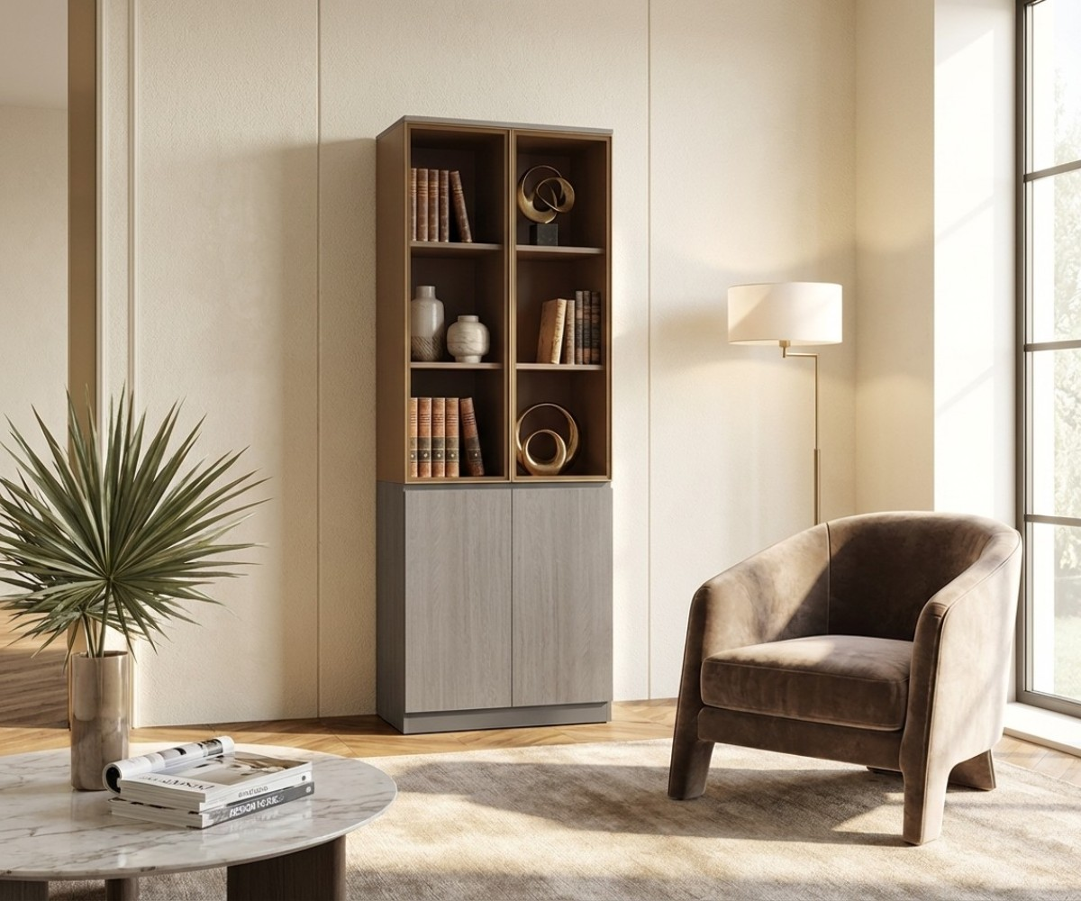 A3-108A walnut display cabinet with open shelving in a bright room