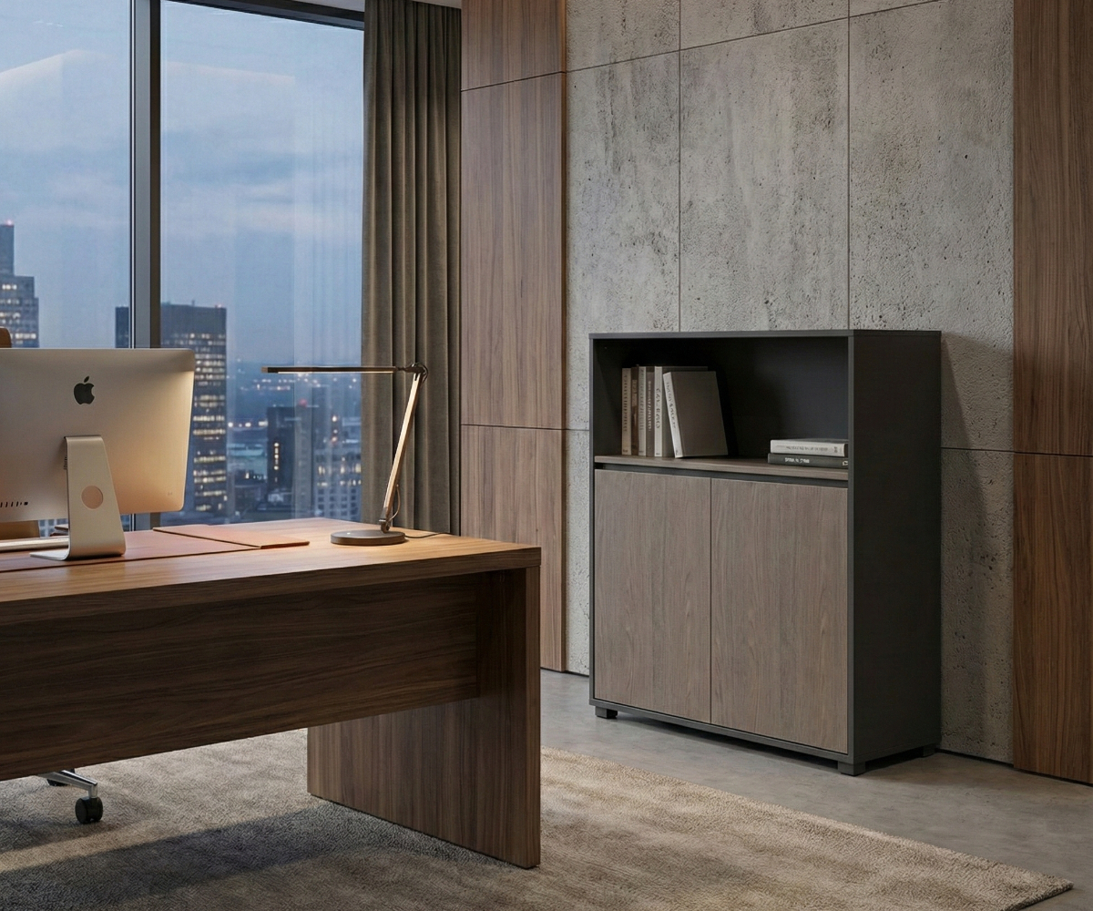 A3-108B grey ash cabinet beside a desk in a stone-walled office