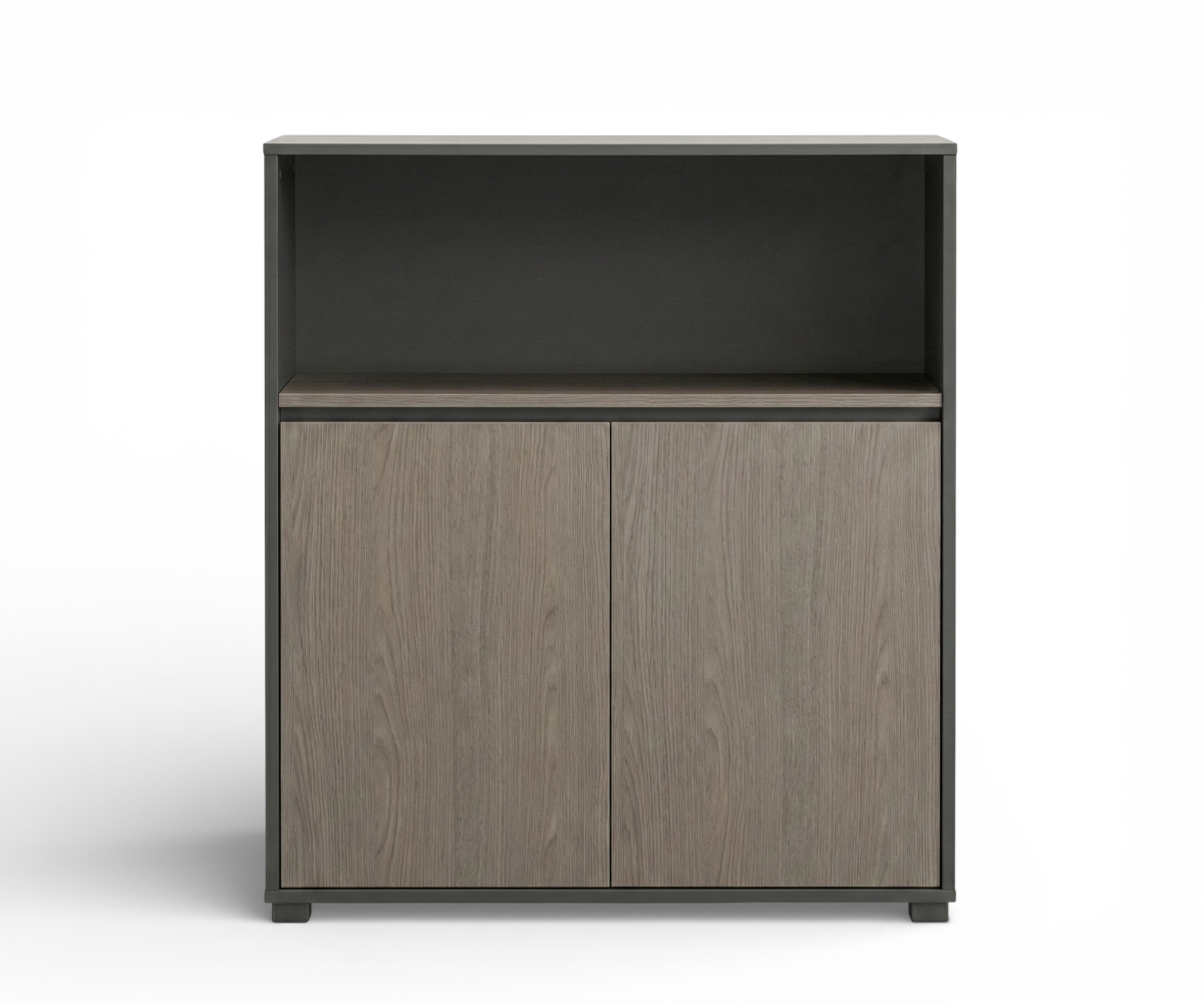 A3-108B grey ash cabinet beside a desk in a stone-walled office