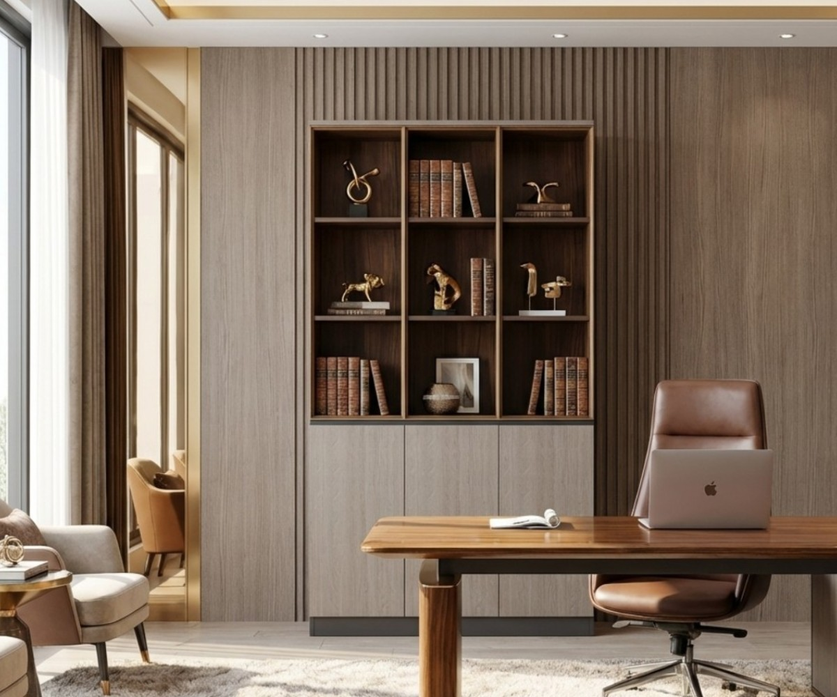 A3-112 oak office wall with display shelving behind a walnut desk