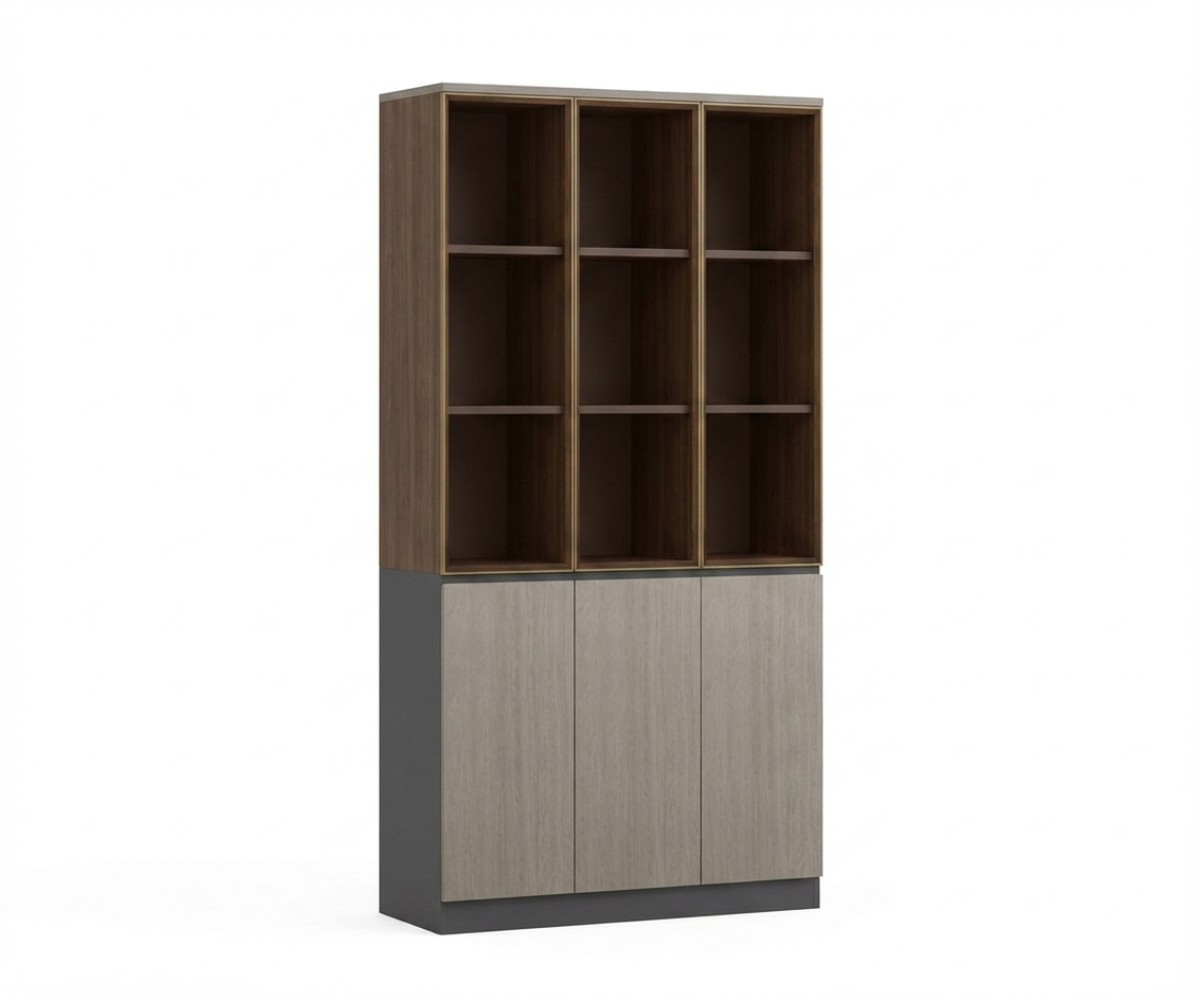 A3-112 oak office wall with display shelving behind a walnut desk
