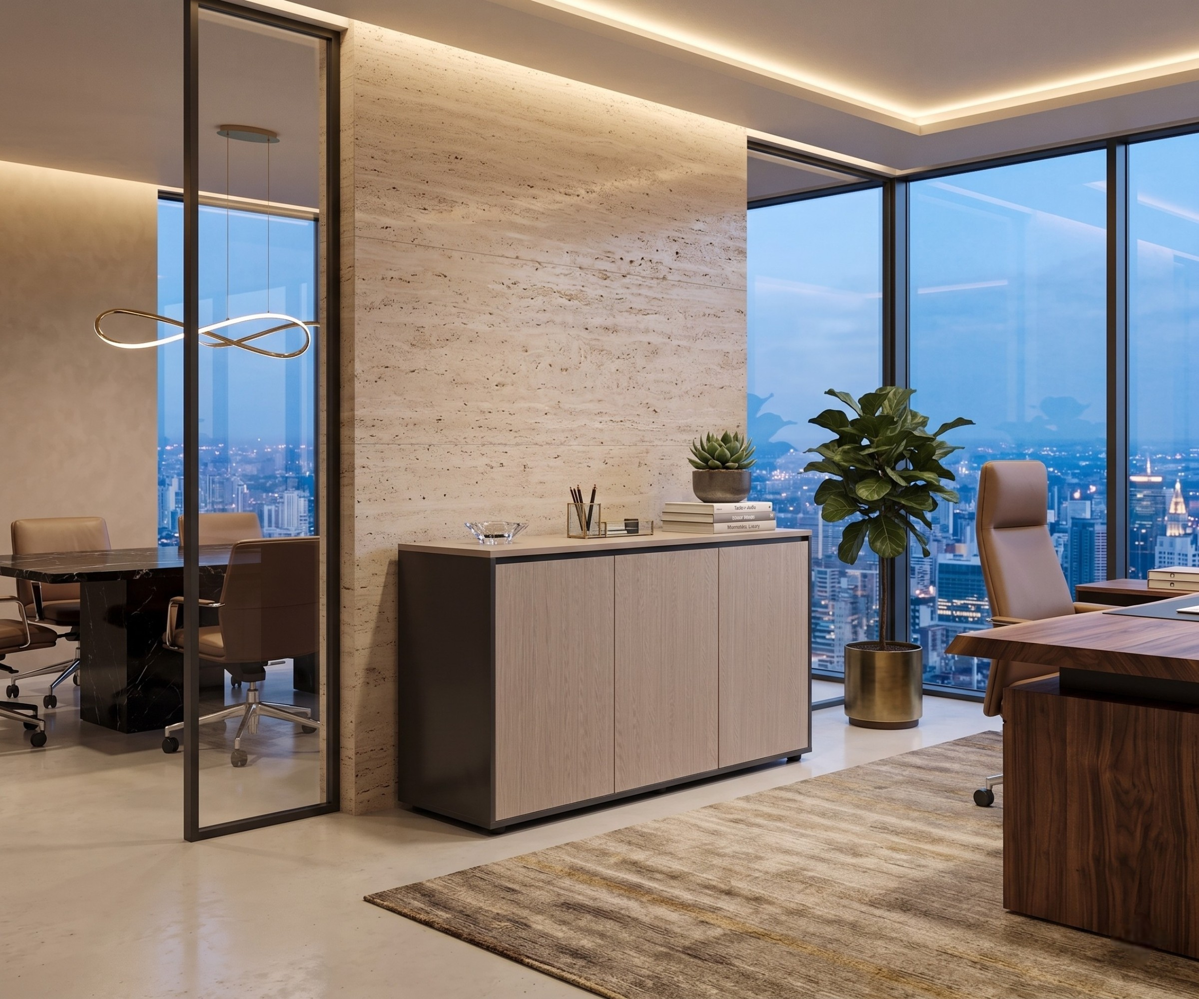 A3-112C fluted oak cabinet in a boardroom with a city view