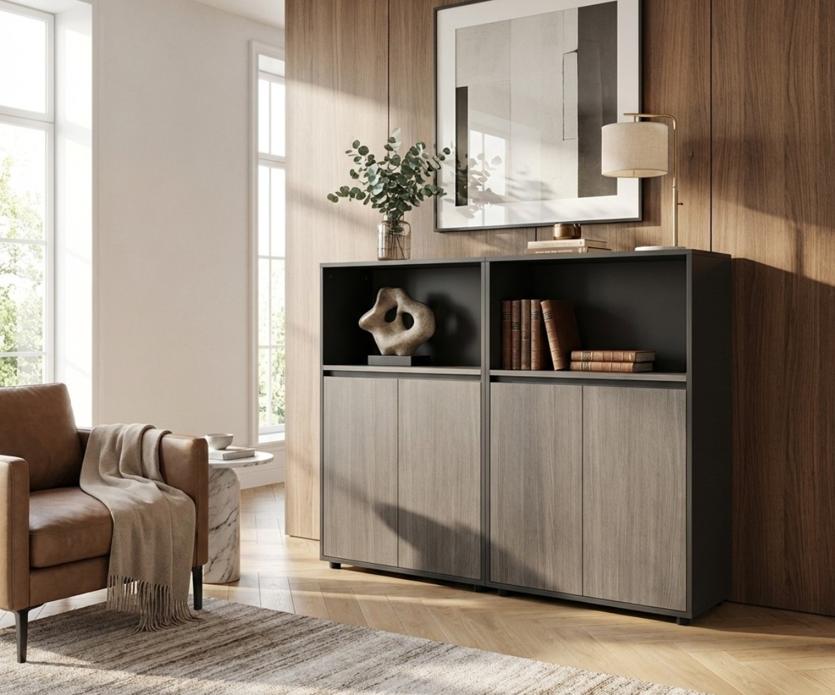 A3-116B grey oak cabinet beside a leather armchair in a bright room