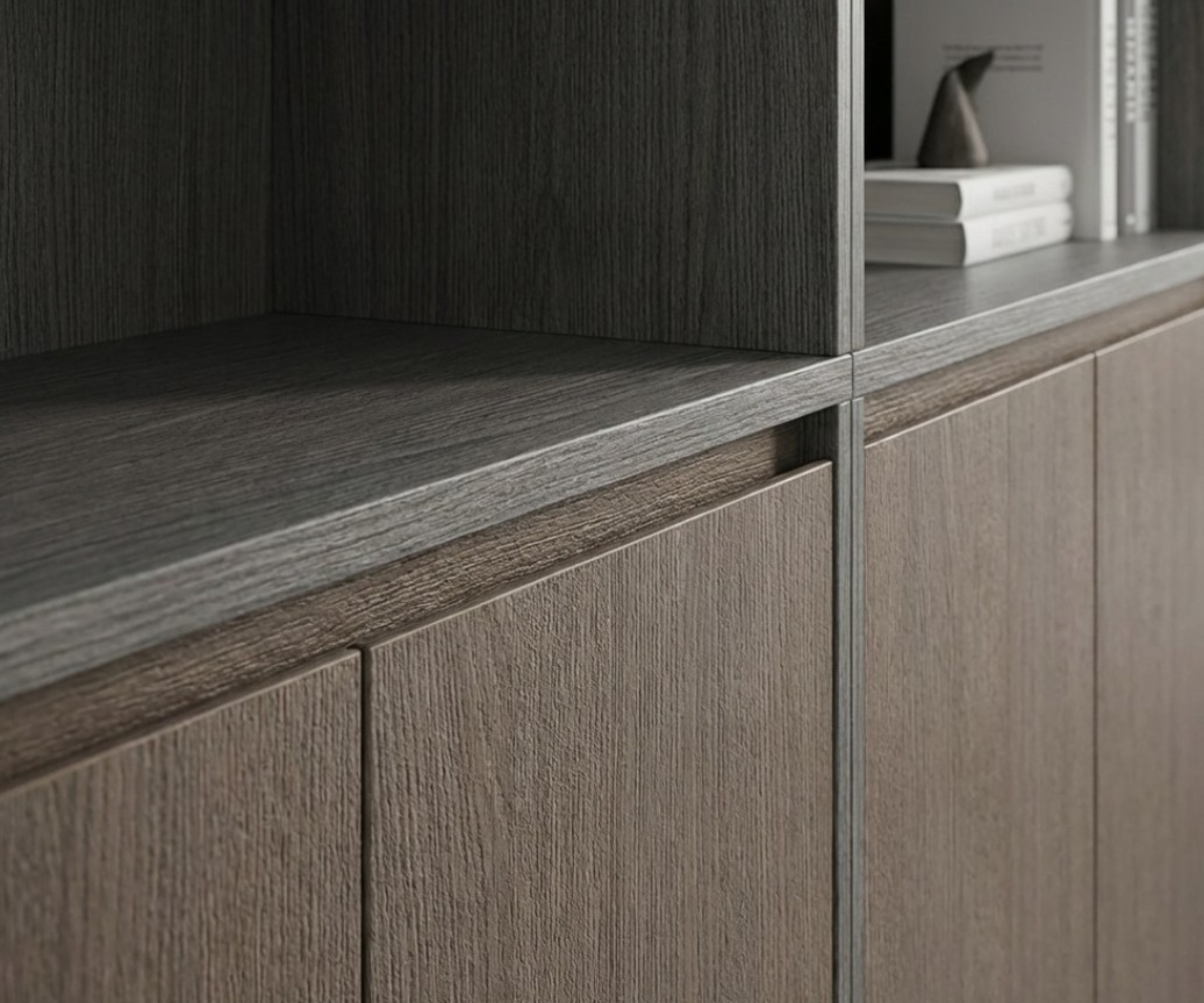 A3-116B grey oak cabinet beside a leather armchair in a bright room