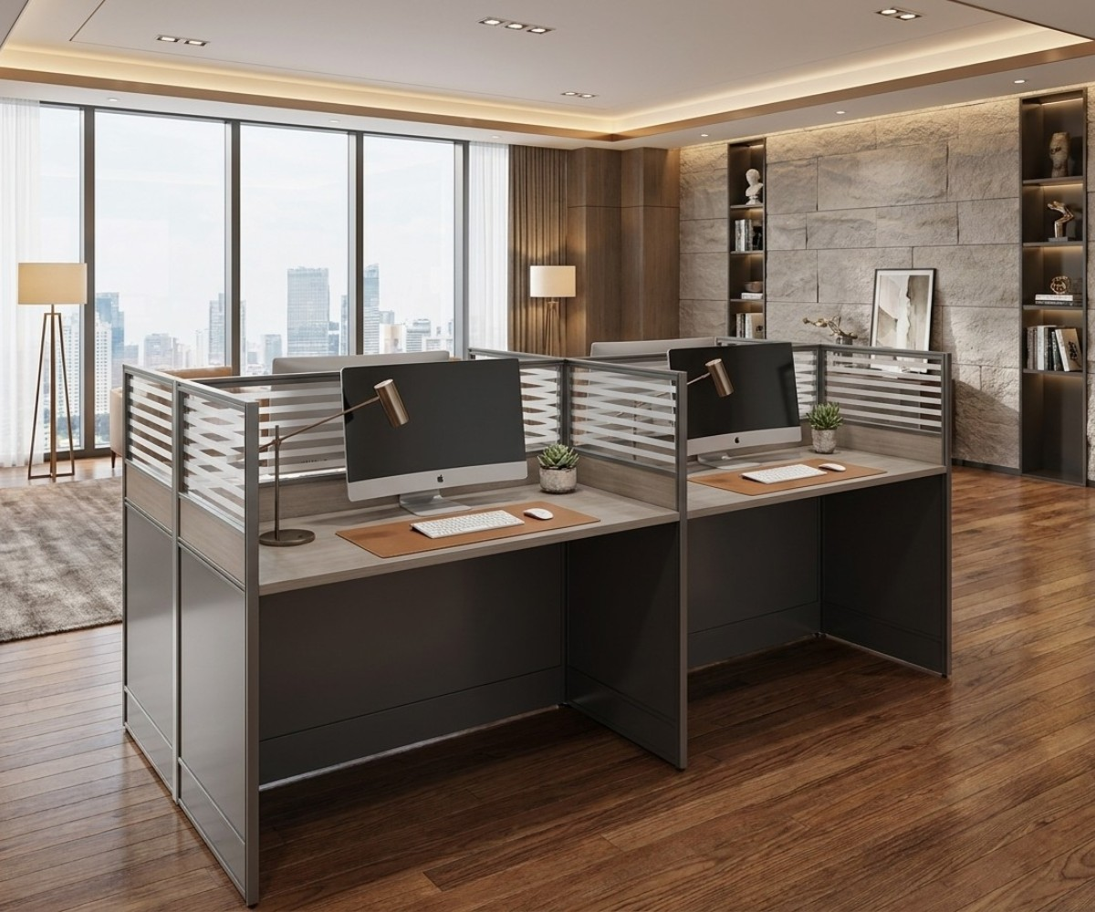 A3-4H grey cubicle workstation 4-seater with glazed screens in an office