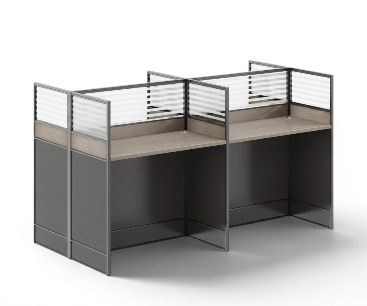 A3-4H grey cubicle workstation 4-seater with glazed screens in an office