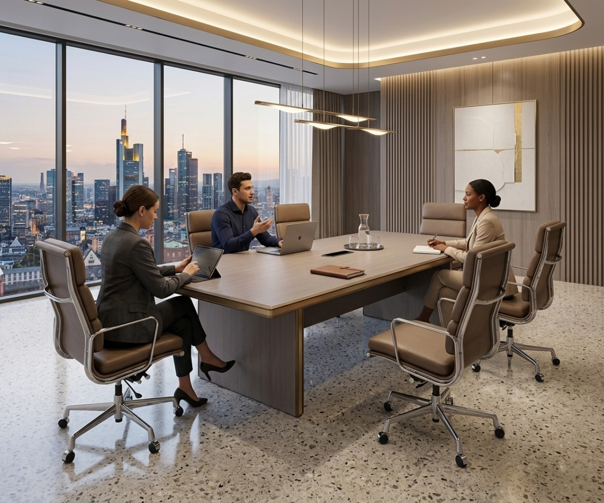 A3-524 office meeting table with people seated in a city-view meeting room