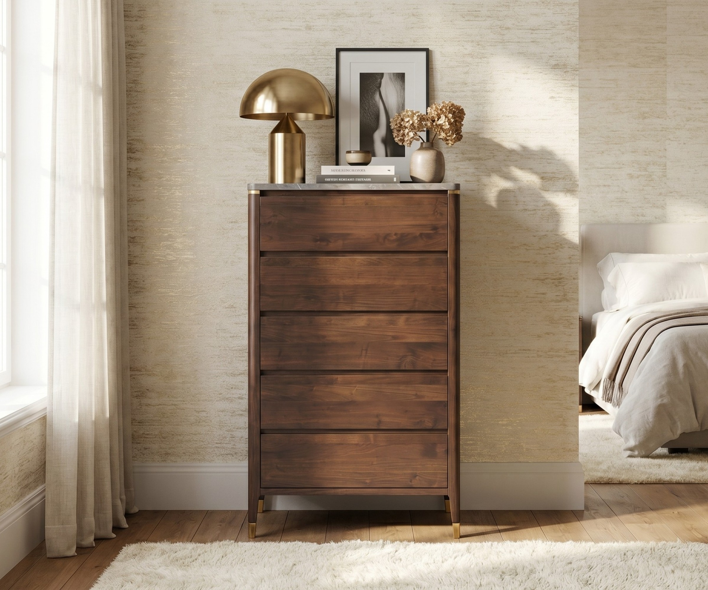 A361-5 brown bedroom dresser in a sunlit bedroom beside linen curtains and a lamp