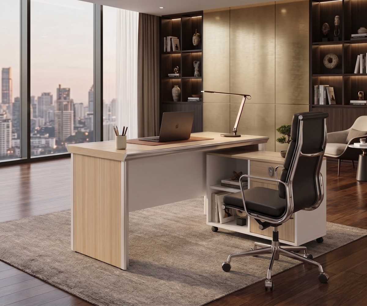 A5-016,A5-014 L-shaped desk in a wood-panelled office with a city view