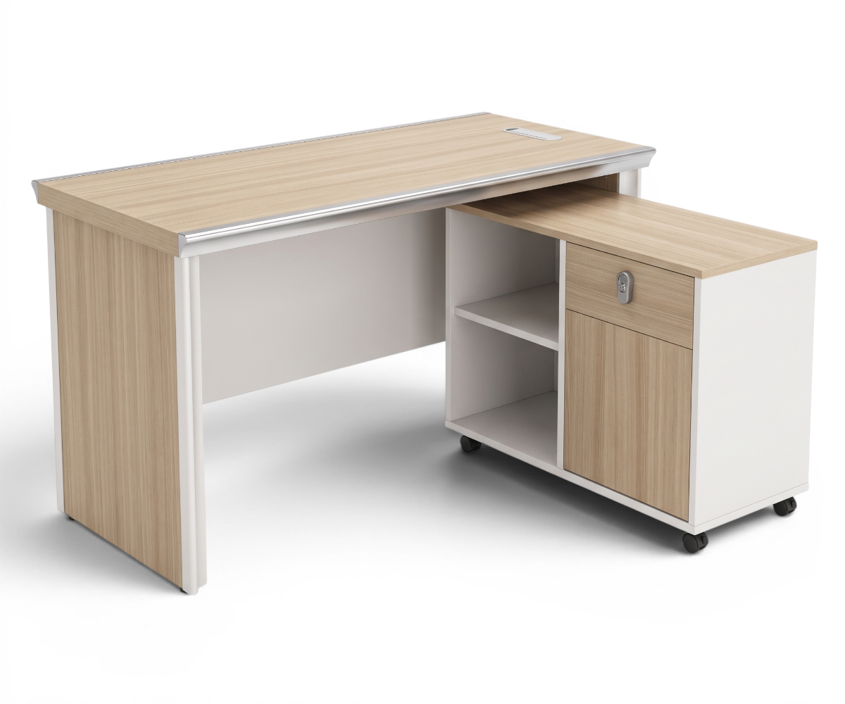 A5-016,A5-014 L-shaped desk in a wood-panelled office with a city view