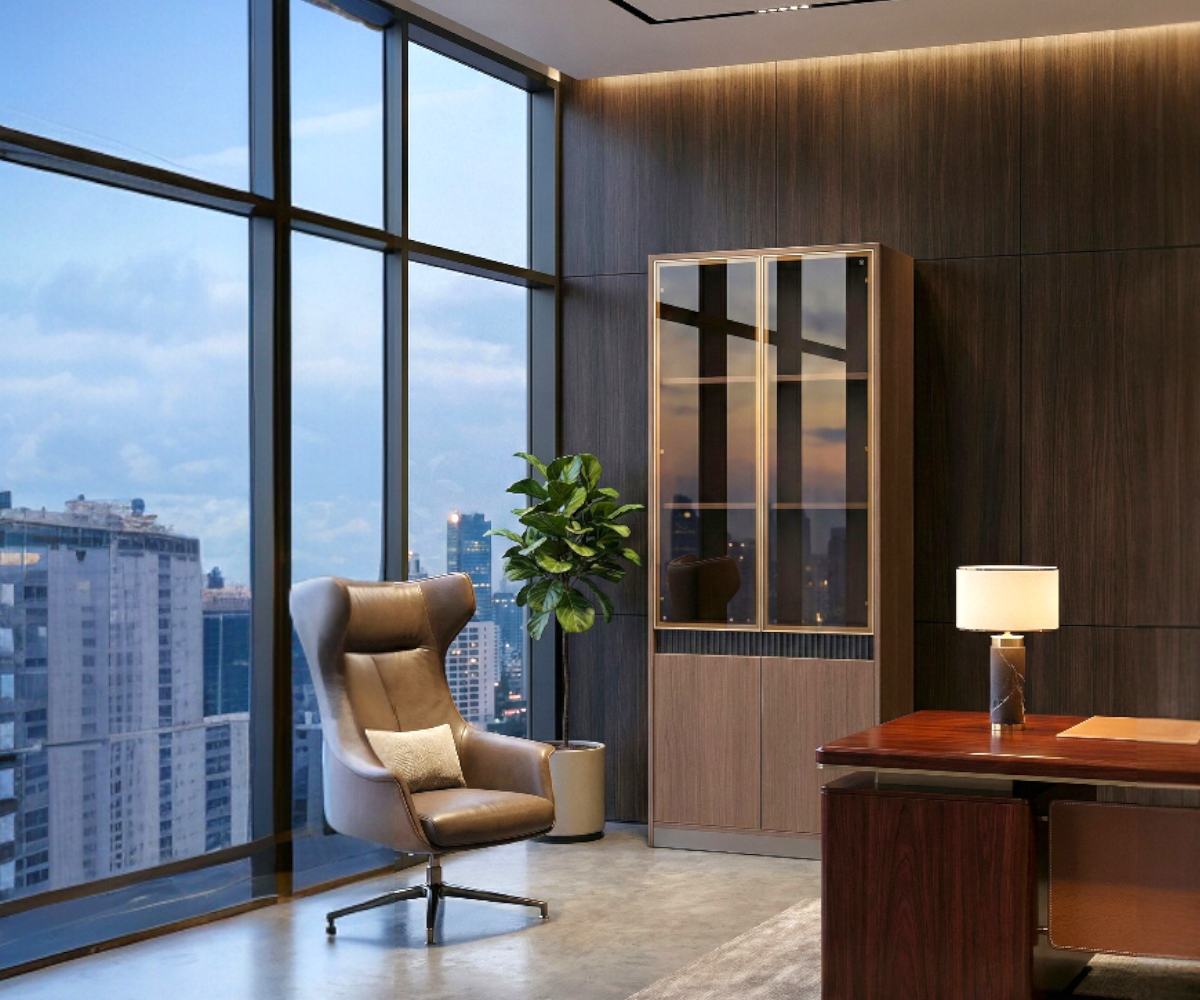 A5-108 mocha display cabinet beside a desk in a city-view office