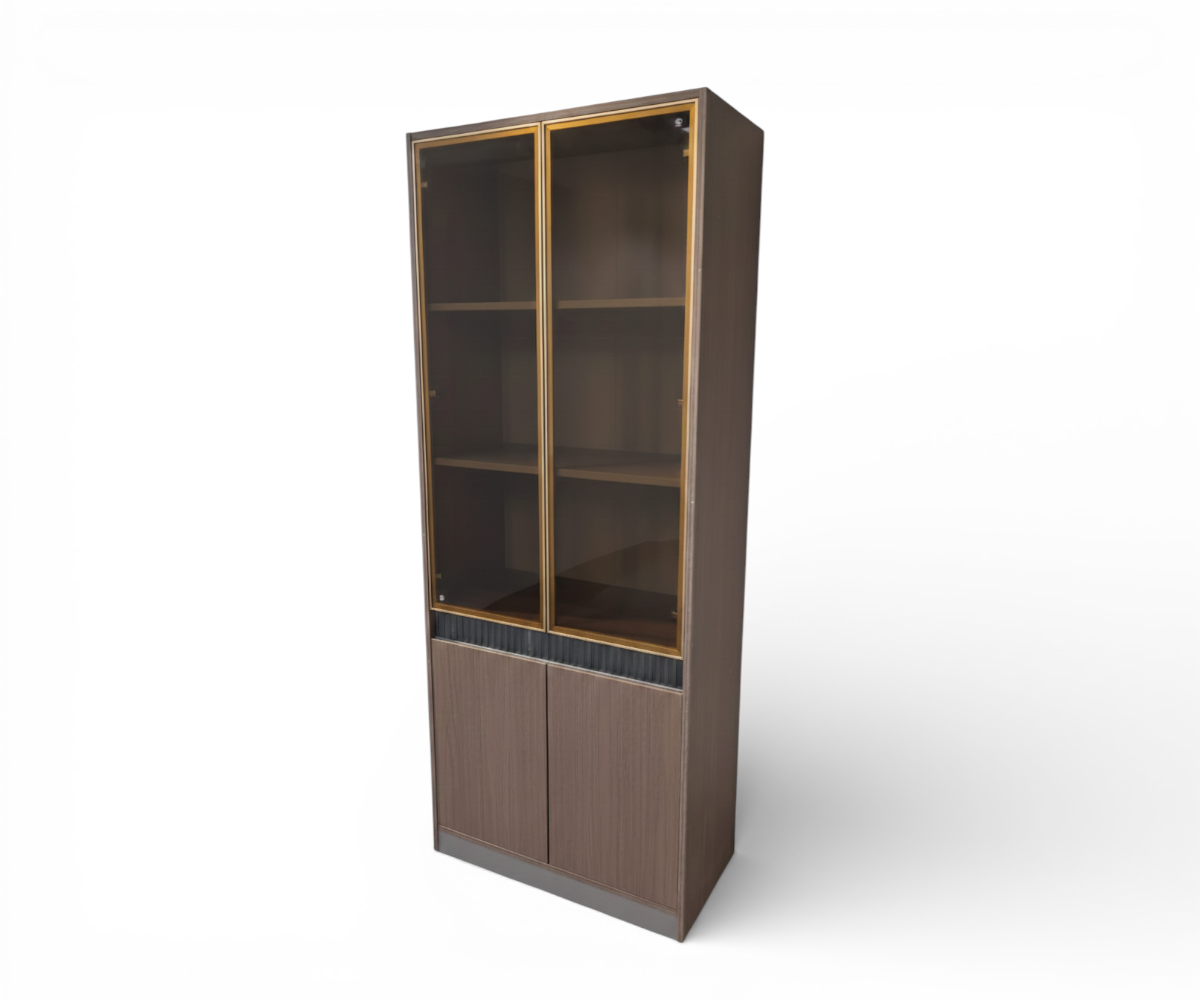 A5-108 mocha display cabinet beside a desk in a city-view office