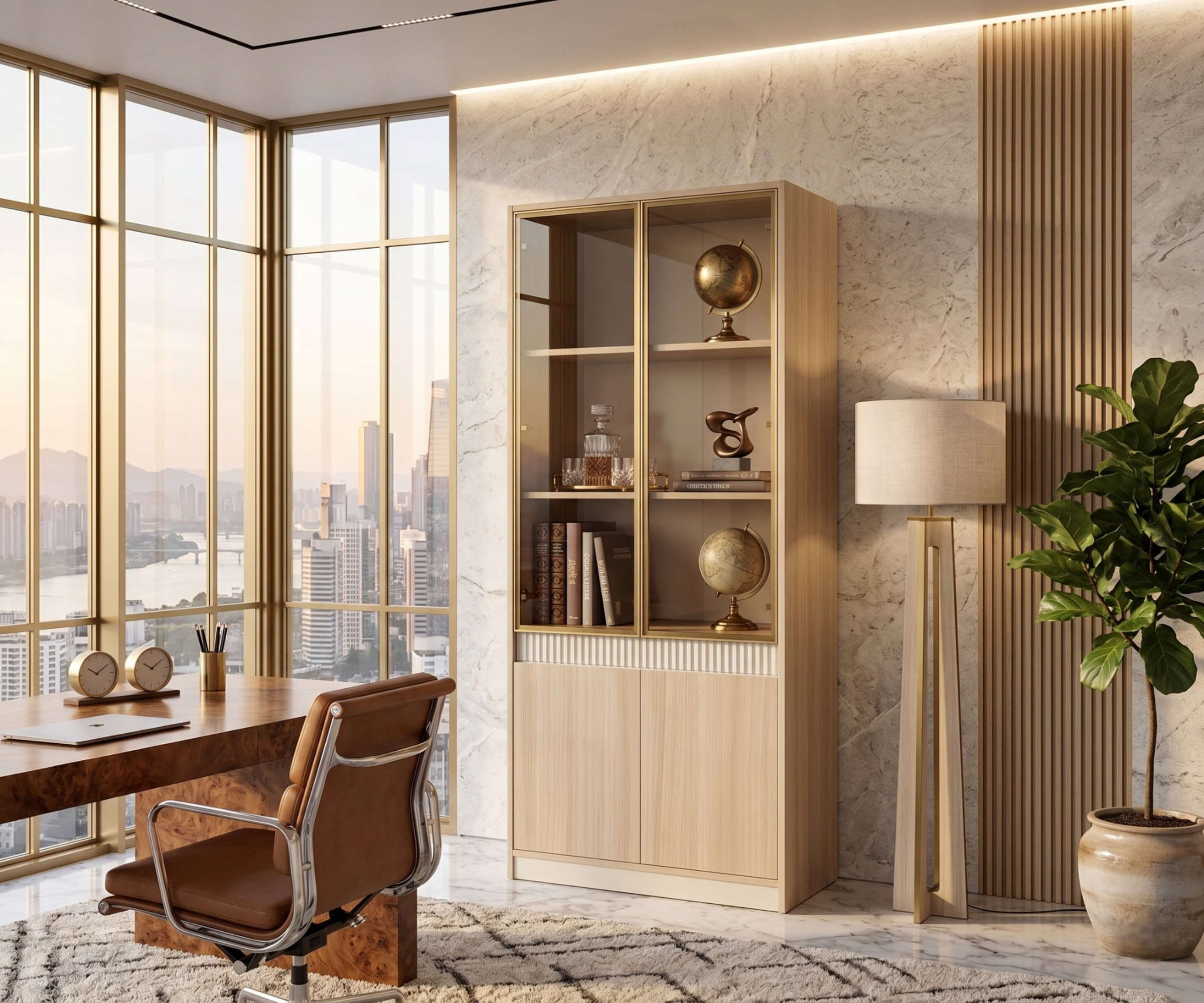 A5-108 oak slim bookcase in a marble-walled office with a city view