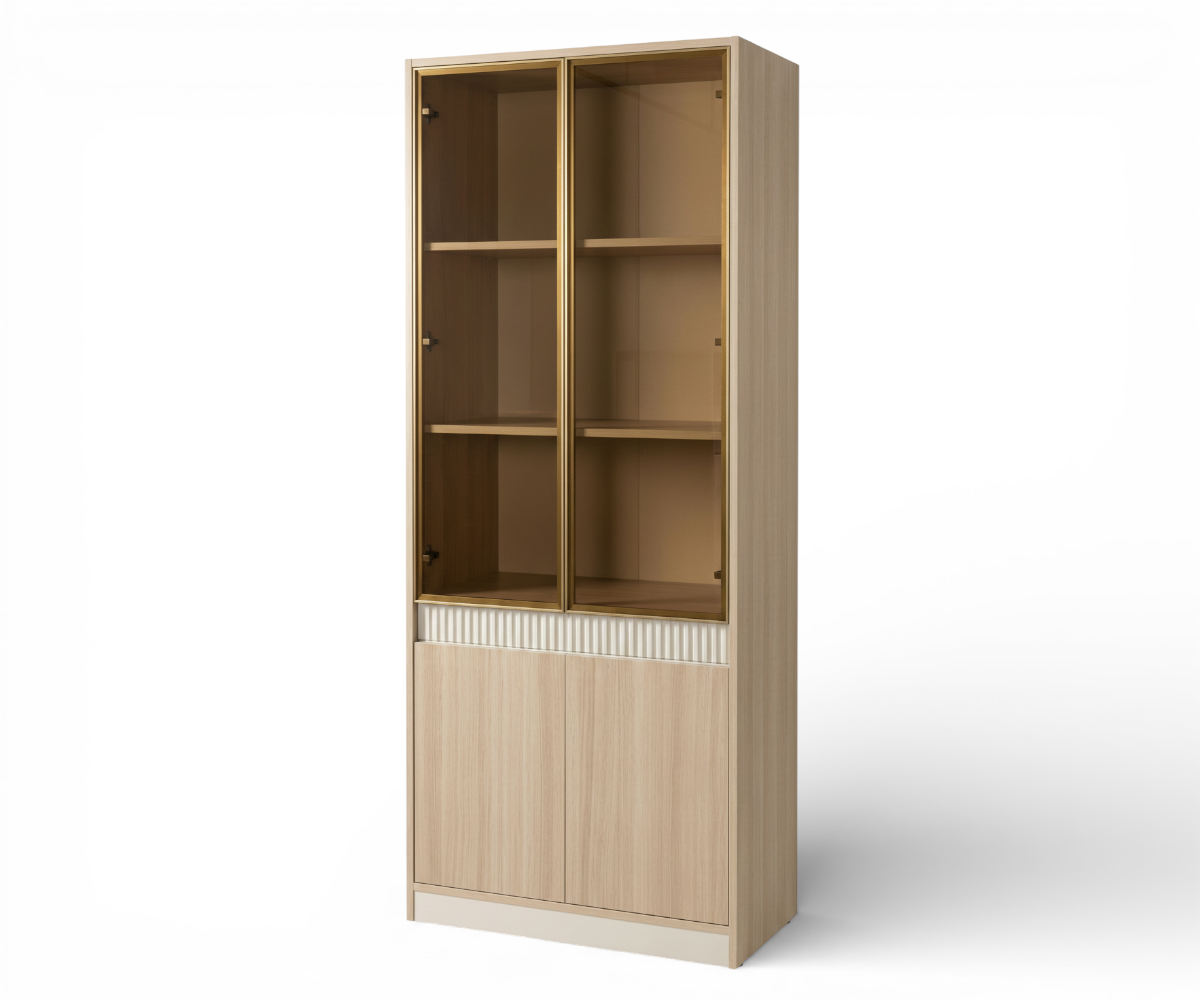 A5-108 oak slim bookcase in a marble-walled office with a city view