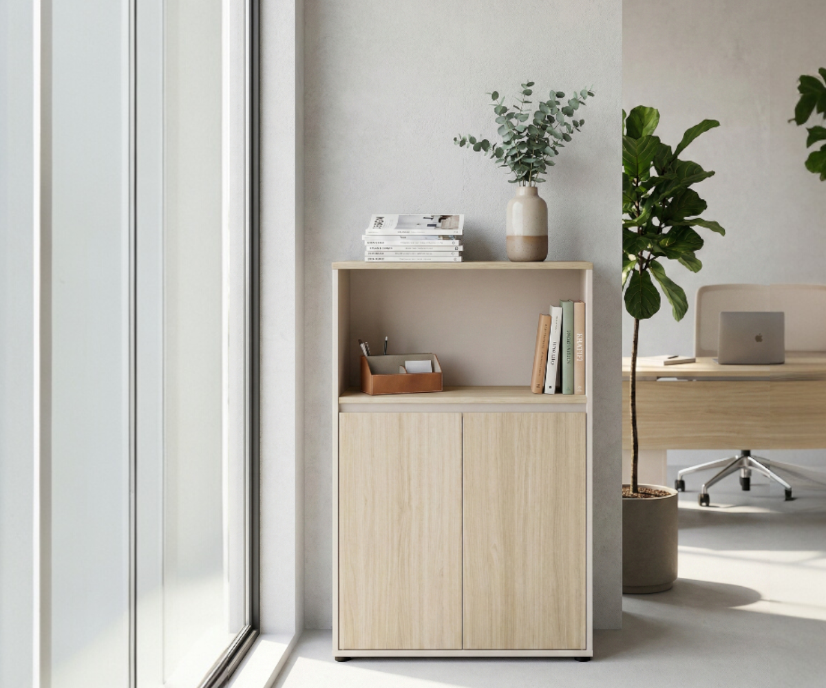 A5-108B duo oak cabinet beside a desk by a window