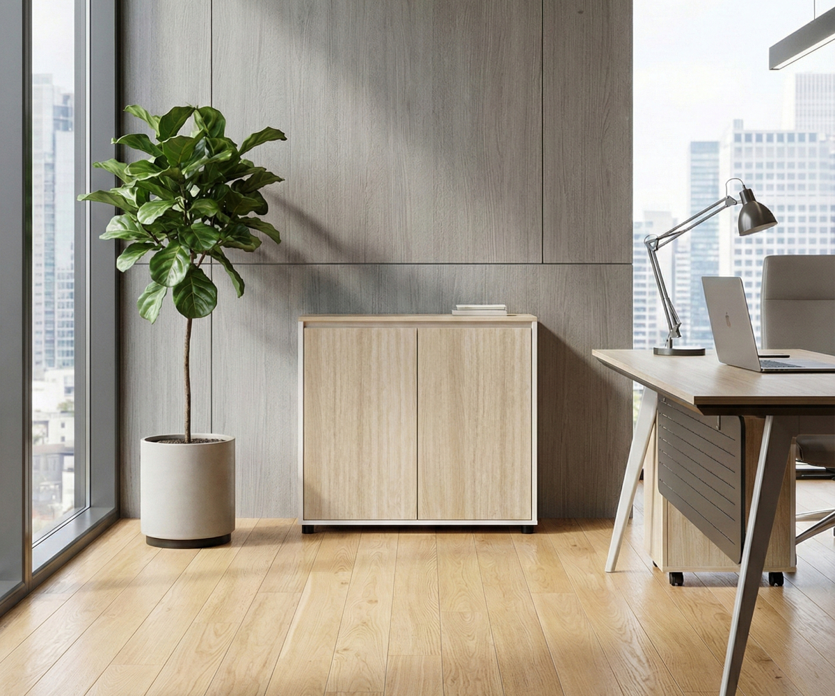 A5-108C duo oak cabinet beside a desk with a city view