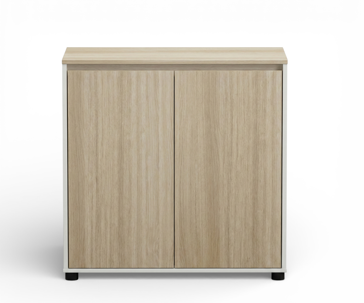 A5-108C duo oak cabinet beside a desk with a city view