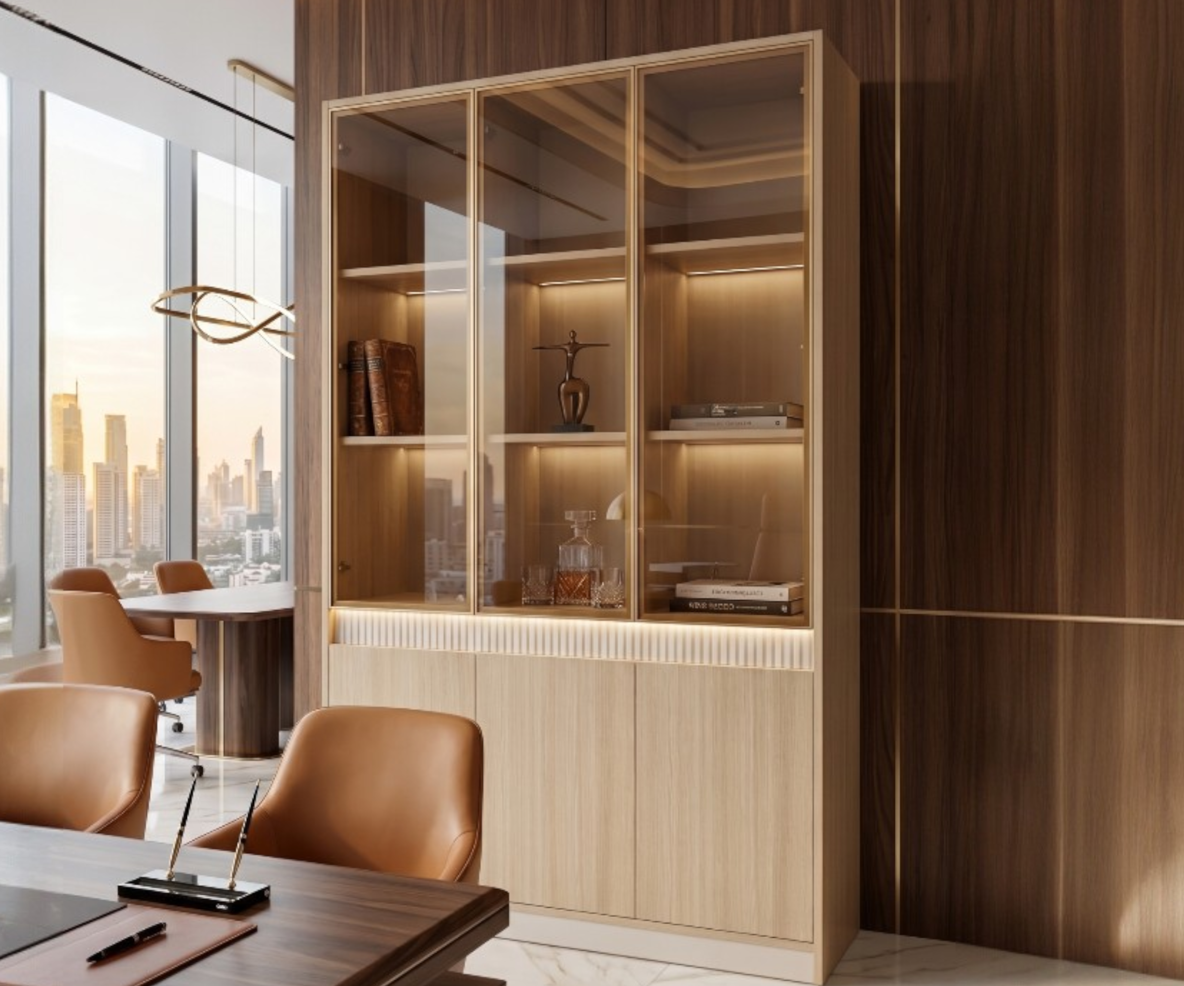 A5-112 oak display bookcase with lit shelving in a boardroom