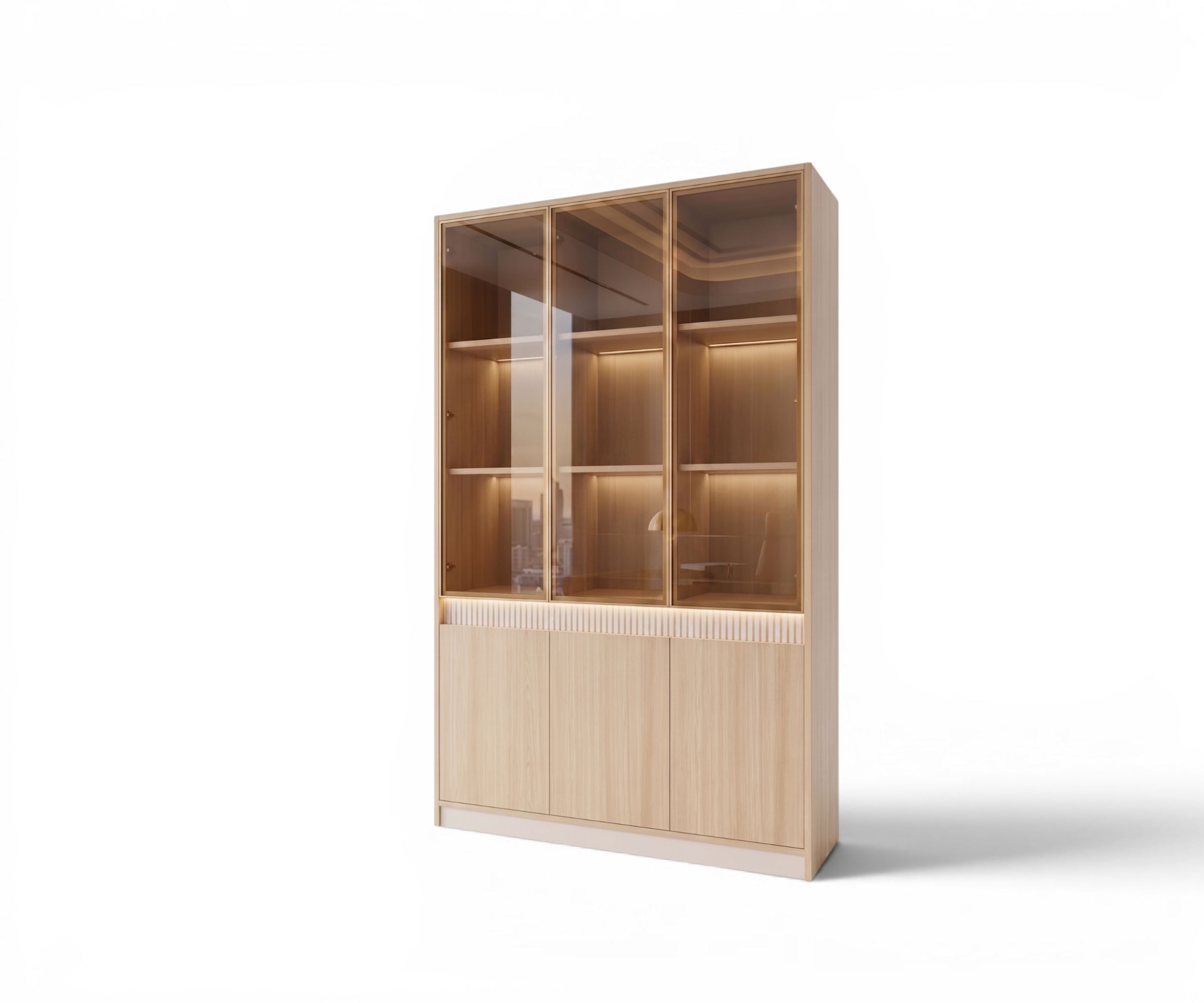 A5-112 oak display bookcase with lit shelving in a boardroom