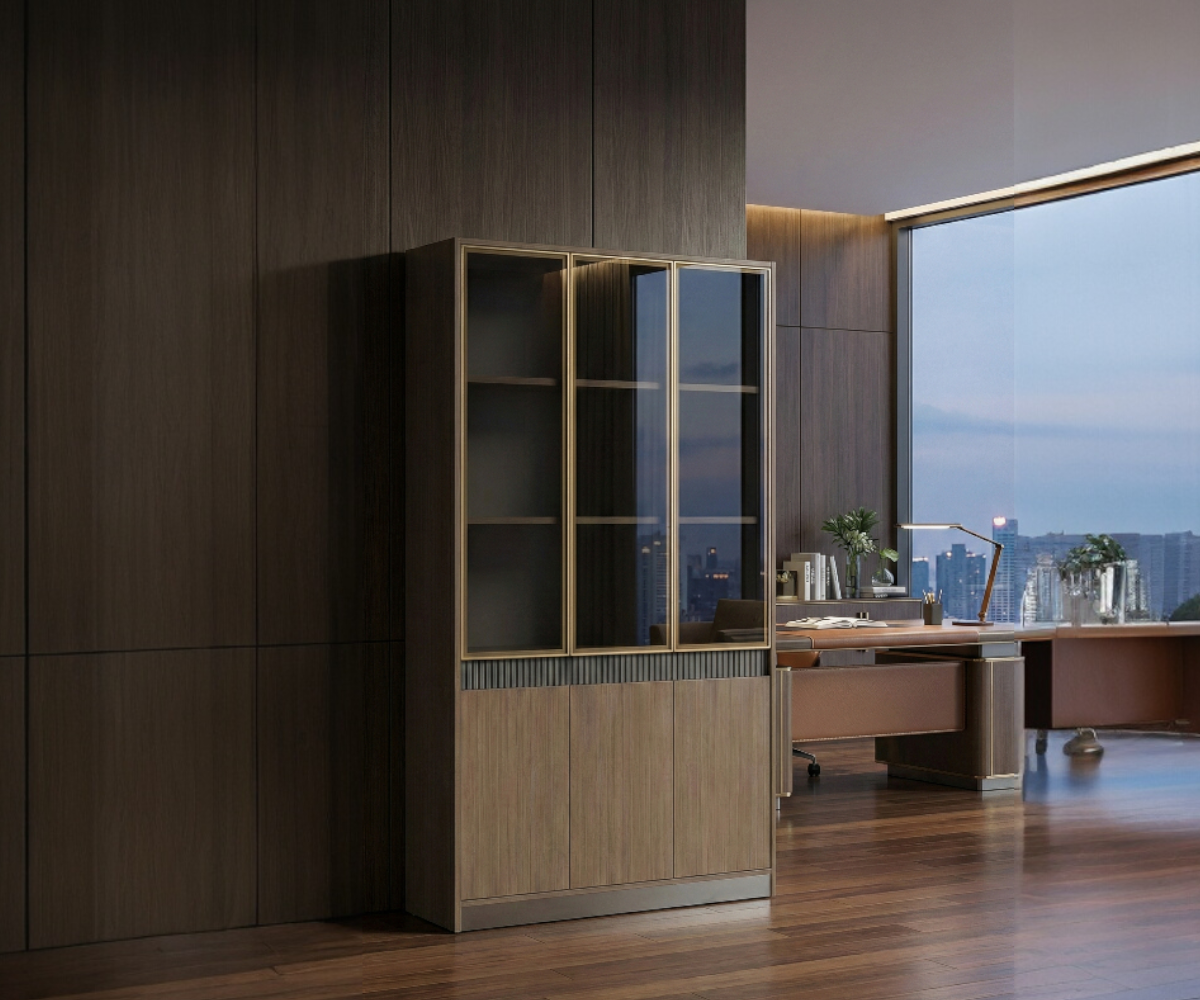 A5-112 walnut display bookcase in a dark-panelled office at night