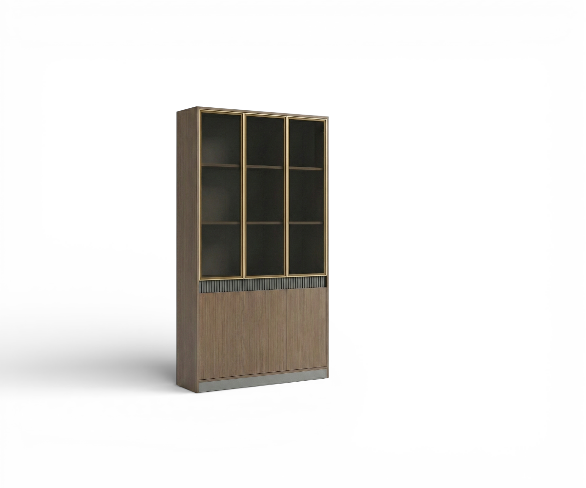 A5-112 walnut display bookcase in a dark-panelled office at night