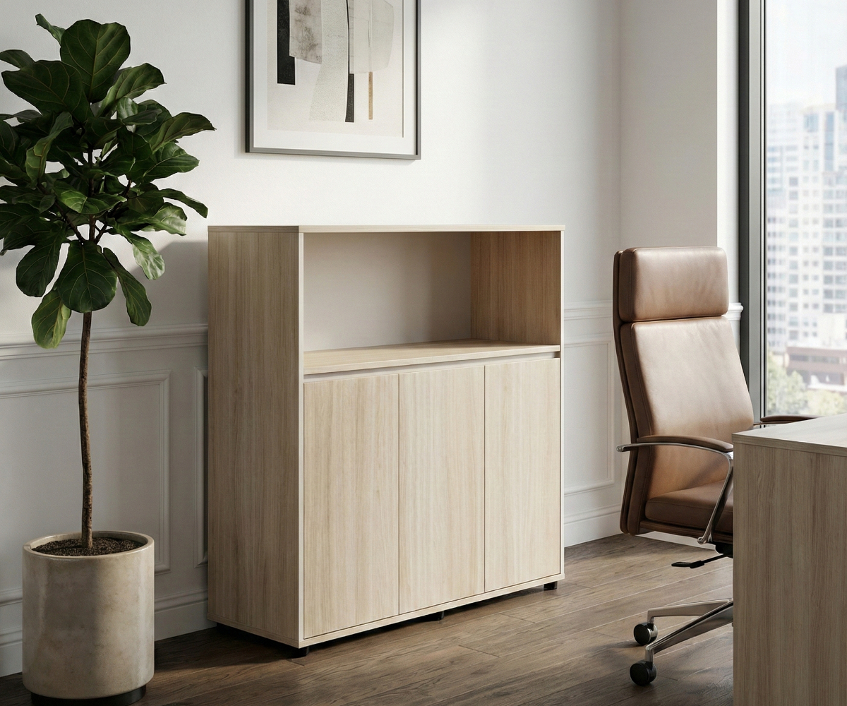 A5-112B Nordic oak cabinet beside a desk in a bright office