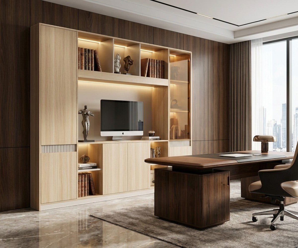 A5-124 oak office wall with backlit shelving around a media recess