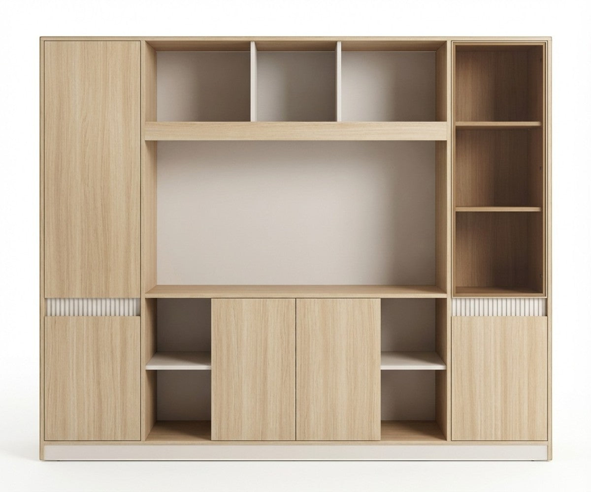 A5-124 oak office wall with backlit shelving around a media recess